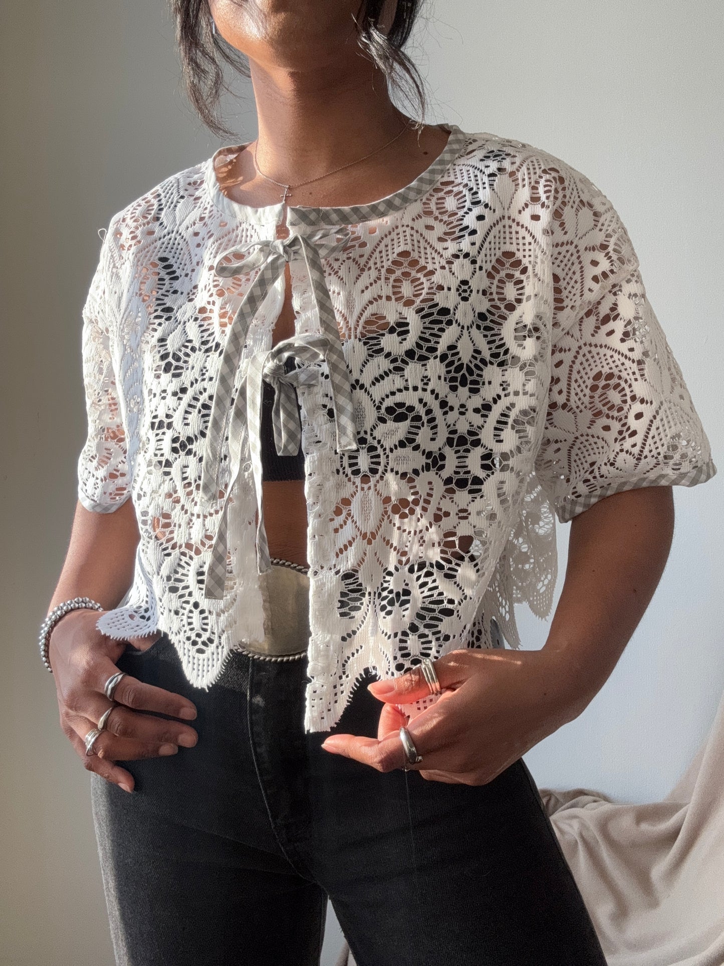 Velma Handcrafted Vintage Lace Wave Tie Top In White