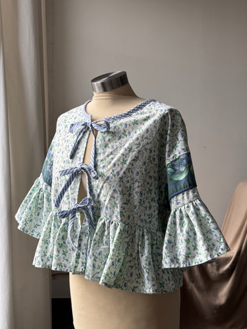July Vintage Cotton Handmade Ruffle Top Berry Green