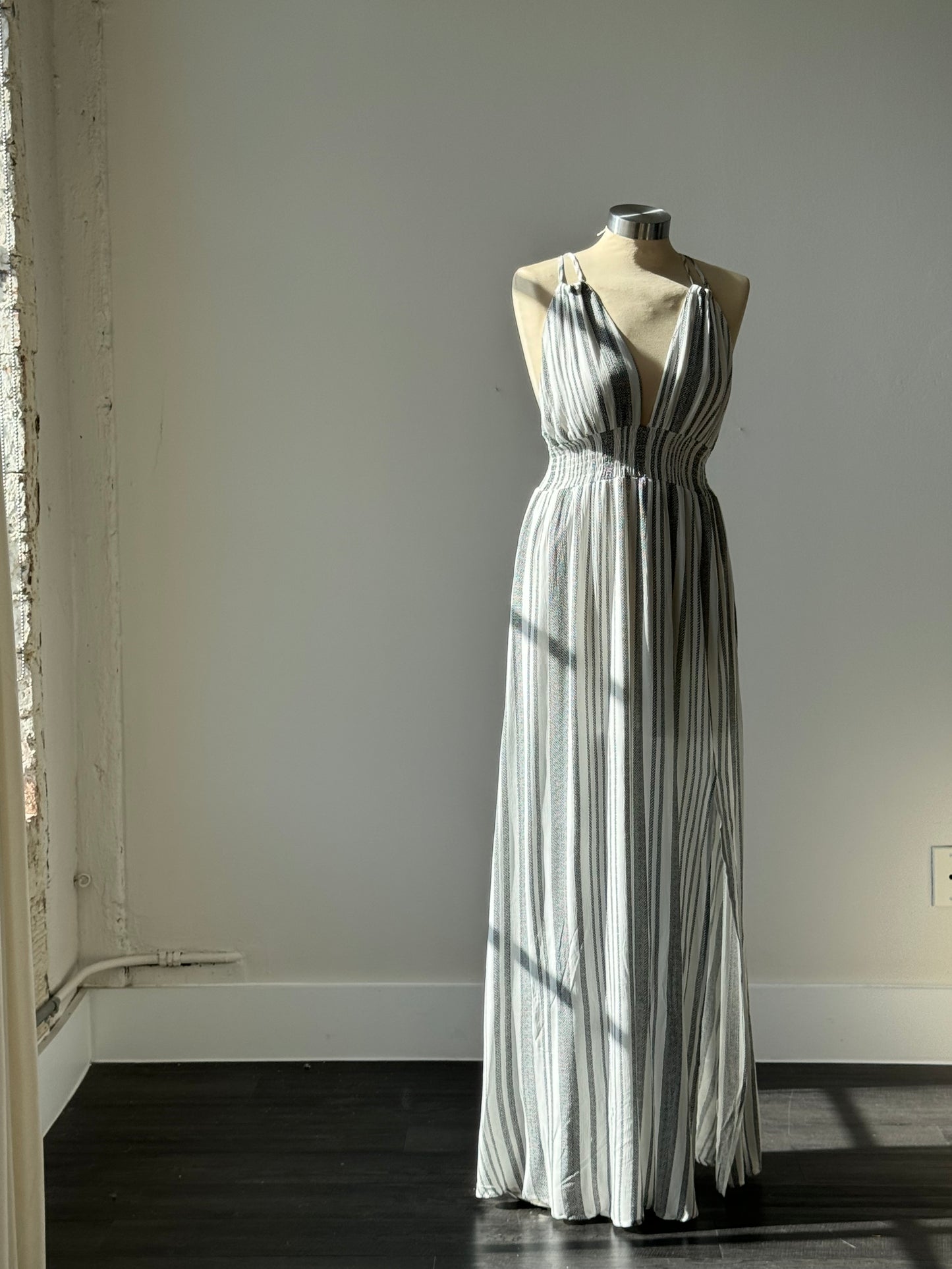 Summer Striped Halter Maxi Dress In White & Black