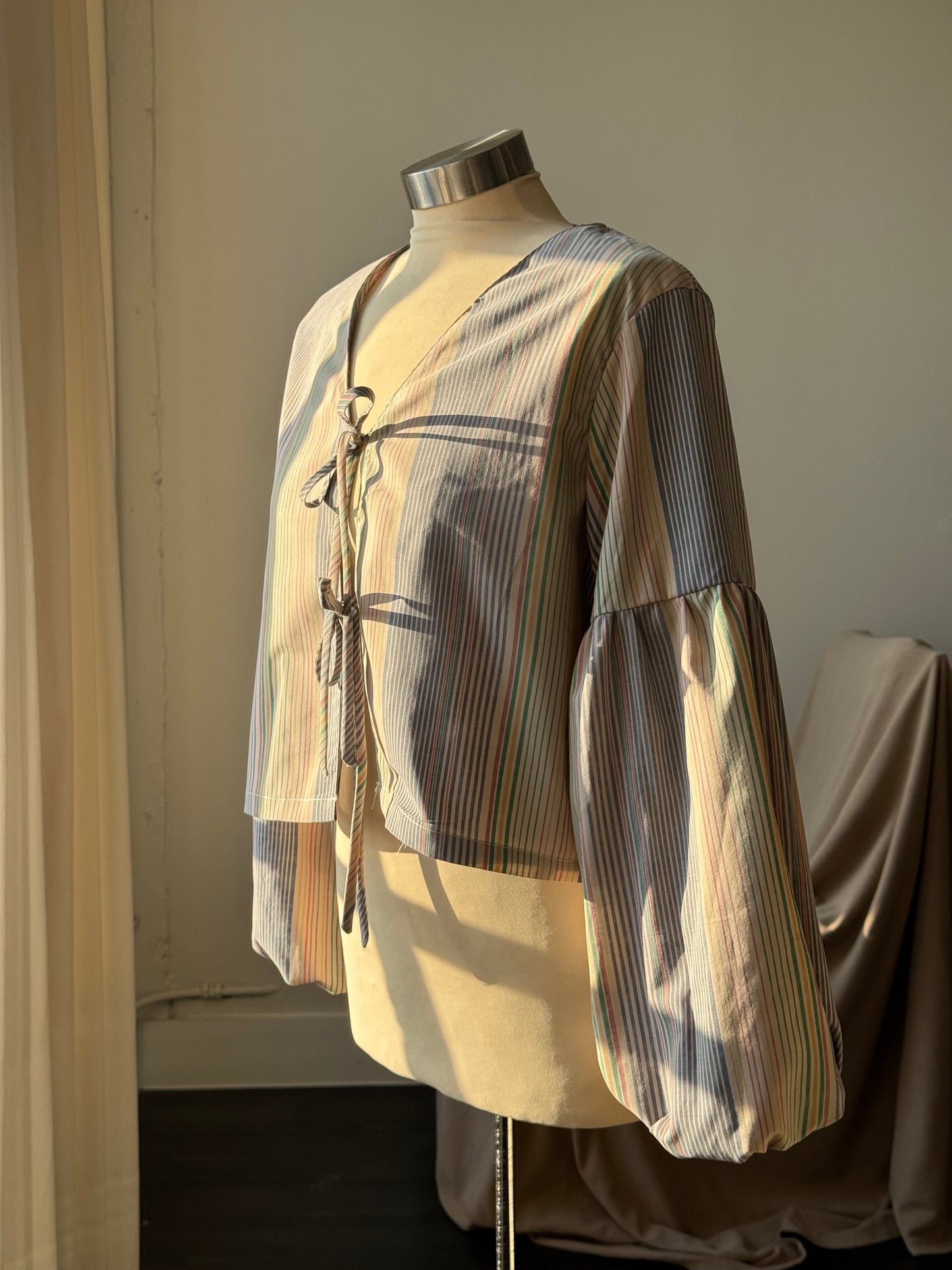 Brenda Faye Handcrafted Vintage Striped Lantern Sleeve Tie Front Top