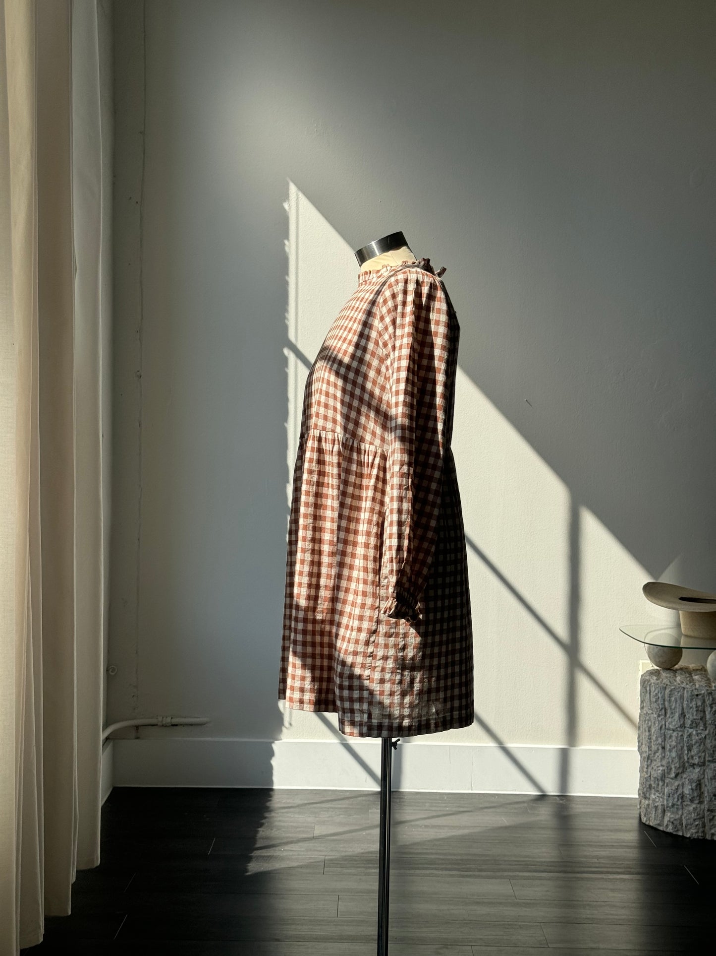 Angie Cotton Mock Neck Gingham Dress In Coffee