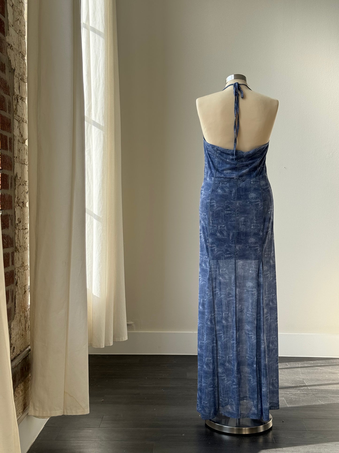 Dally Denim Jean Print Sheer Maxi Dress In Indigo