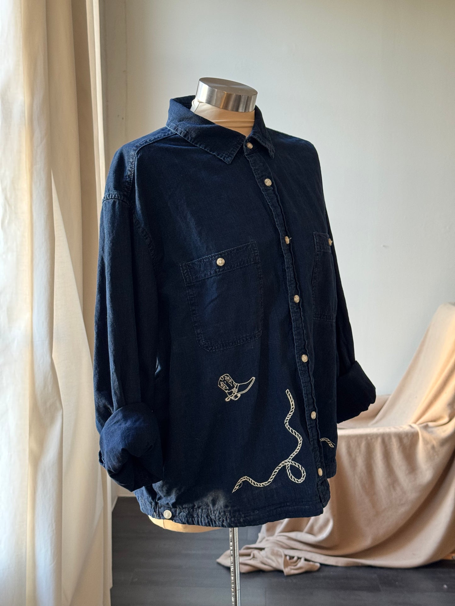 The Lawrence Handcrafted Sad Songs Cropped Cotton Button Down Long Sleeve