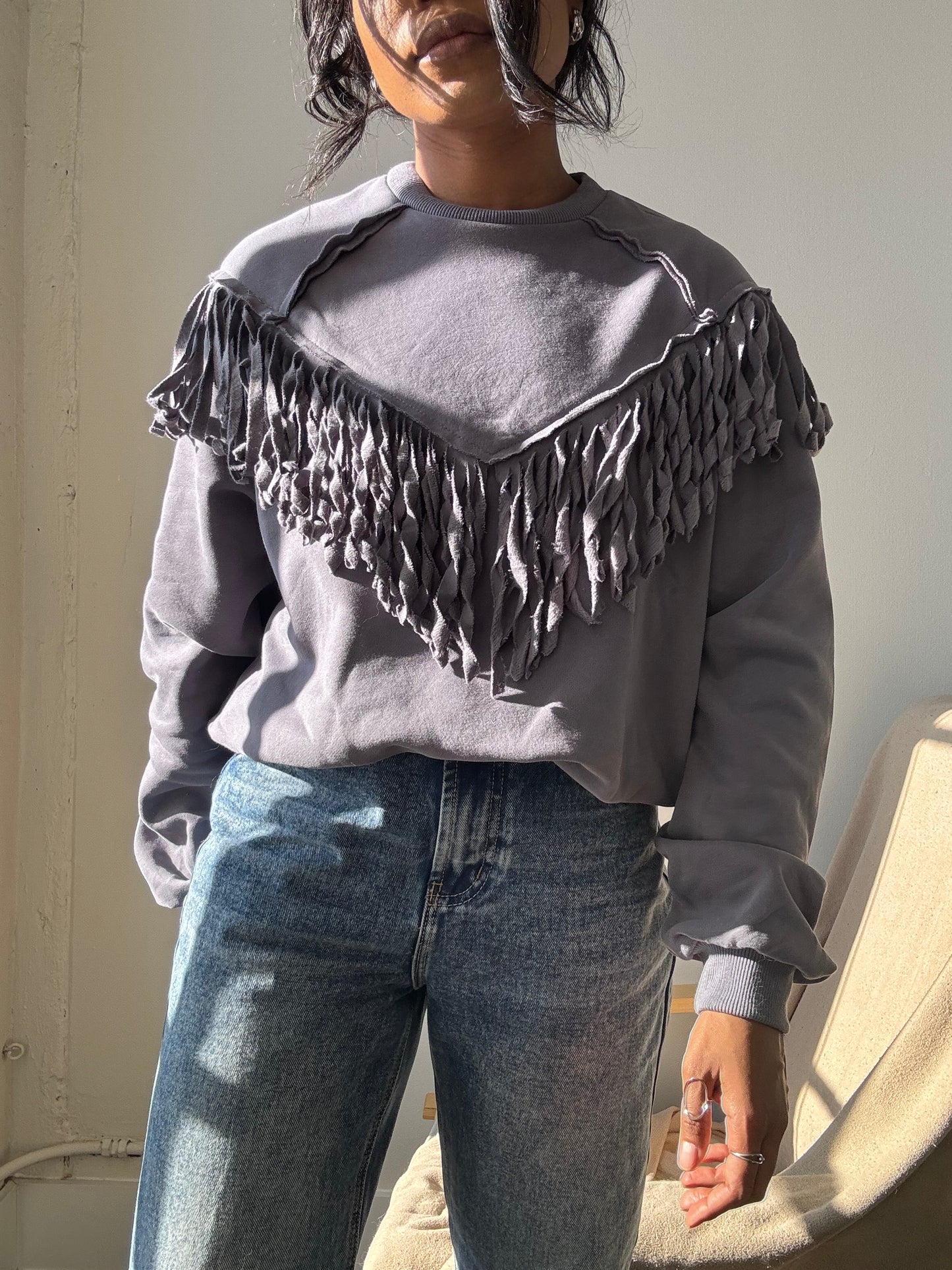 Kalon Cotton Crewneck Western Style Fringe Pullover In Charcoal