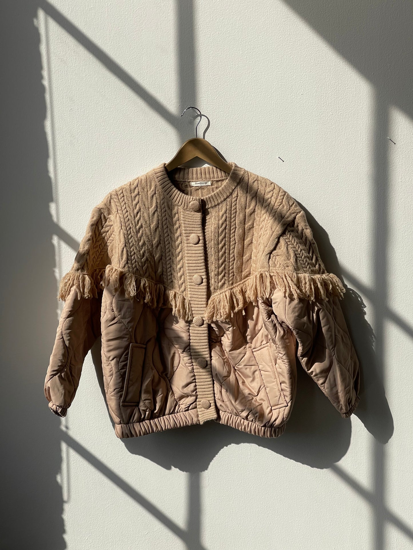 Carson Quilted Cableknit & Fringe Jacket In Sand