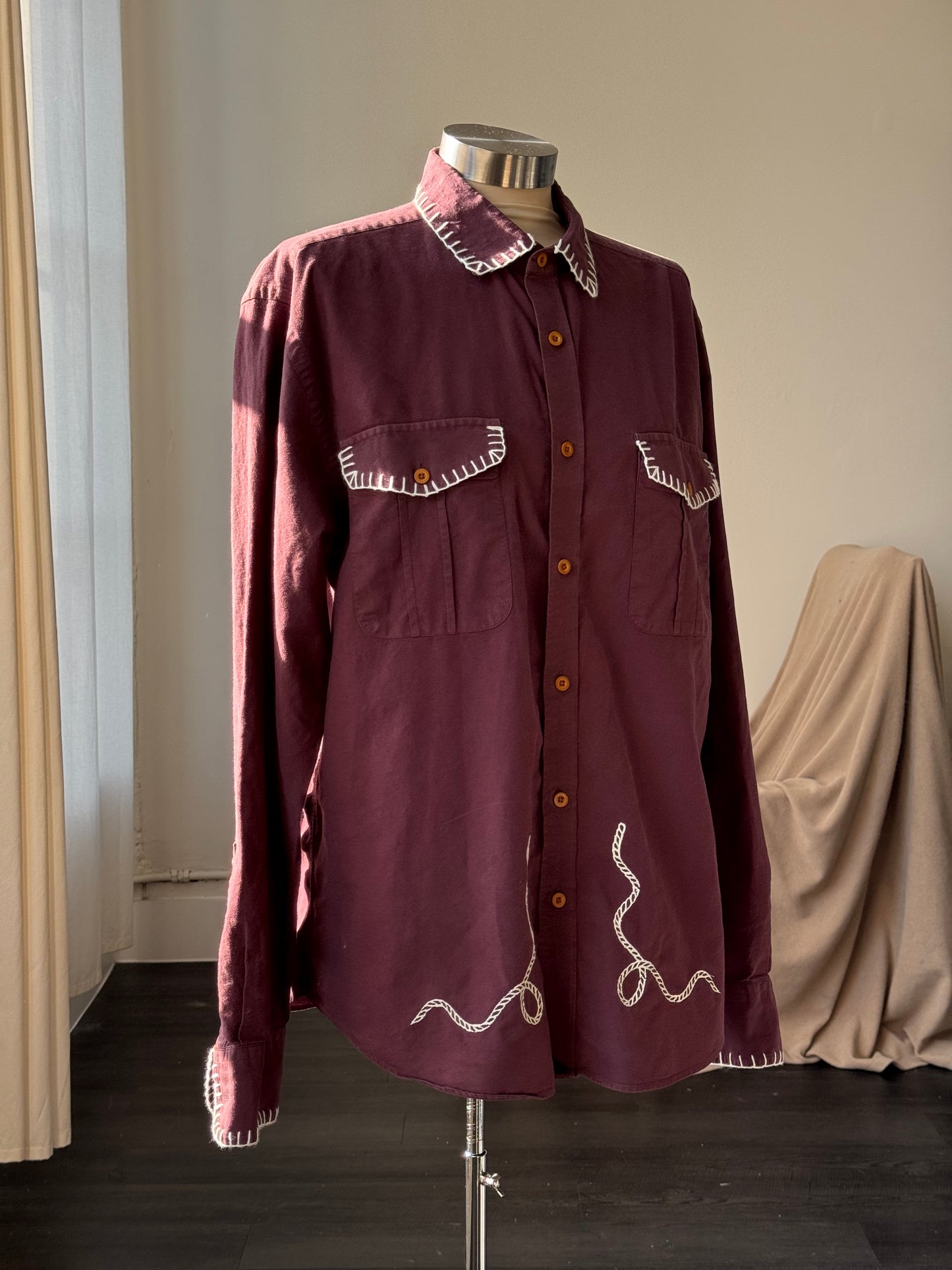Michael Handcrafted Cowboy Blanket Stitch Embroidered Button Down In Red Brown