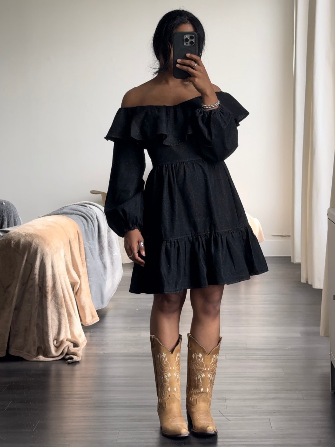 Carmen Cotton On Or Off Shoulder Classic Denim Dress In Vintage Black
