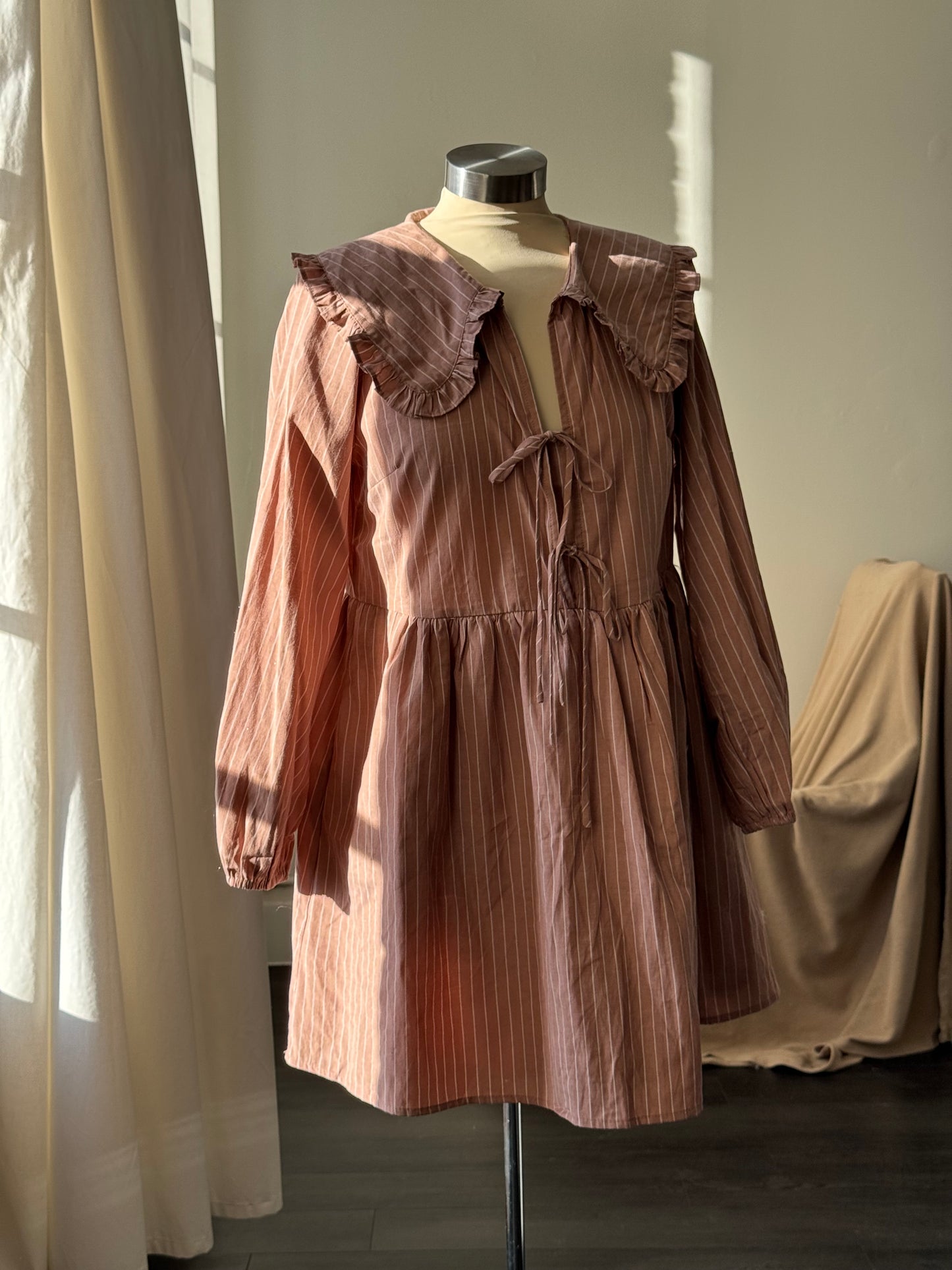 Odessa Striped Tie Front Ruffle Collar Cotton Dress In Malt