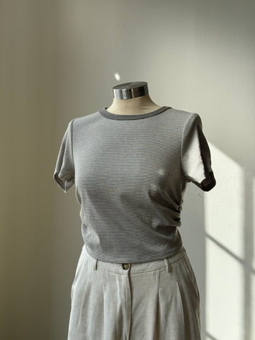 Toni Cotton Open Back Striped Crew Neck Crop Top Baby Tee In Grey