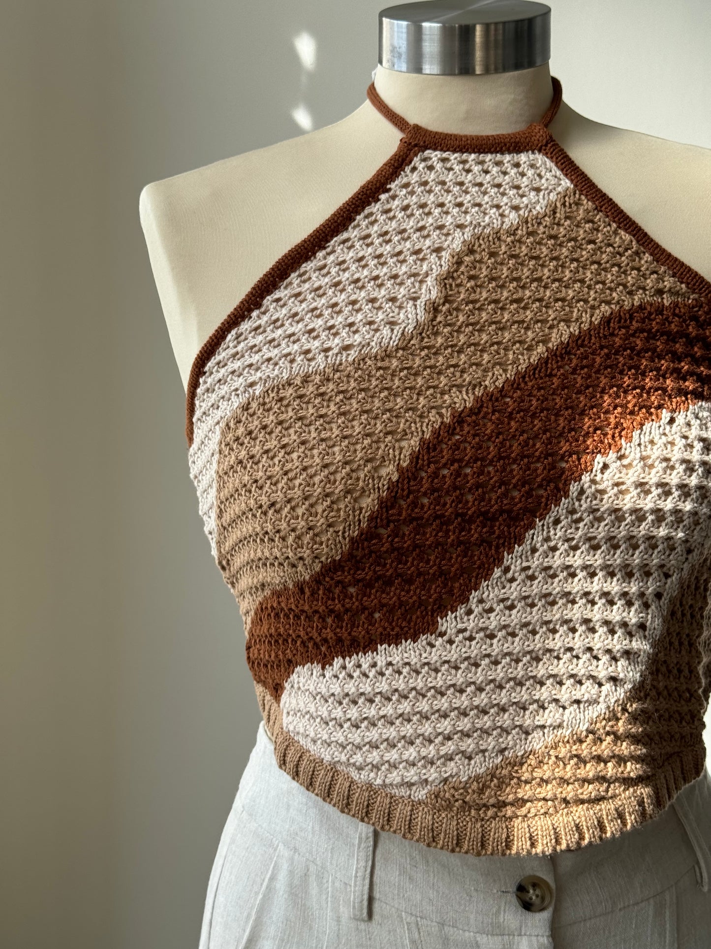Billie Cotton Crochet Wave Open Back Halter Top In Brown