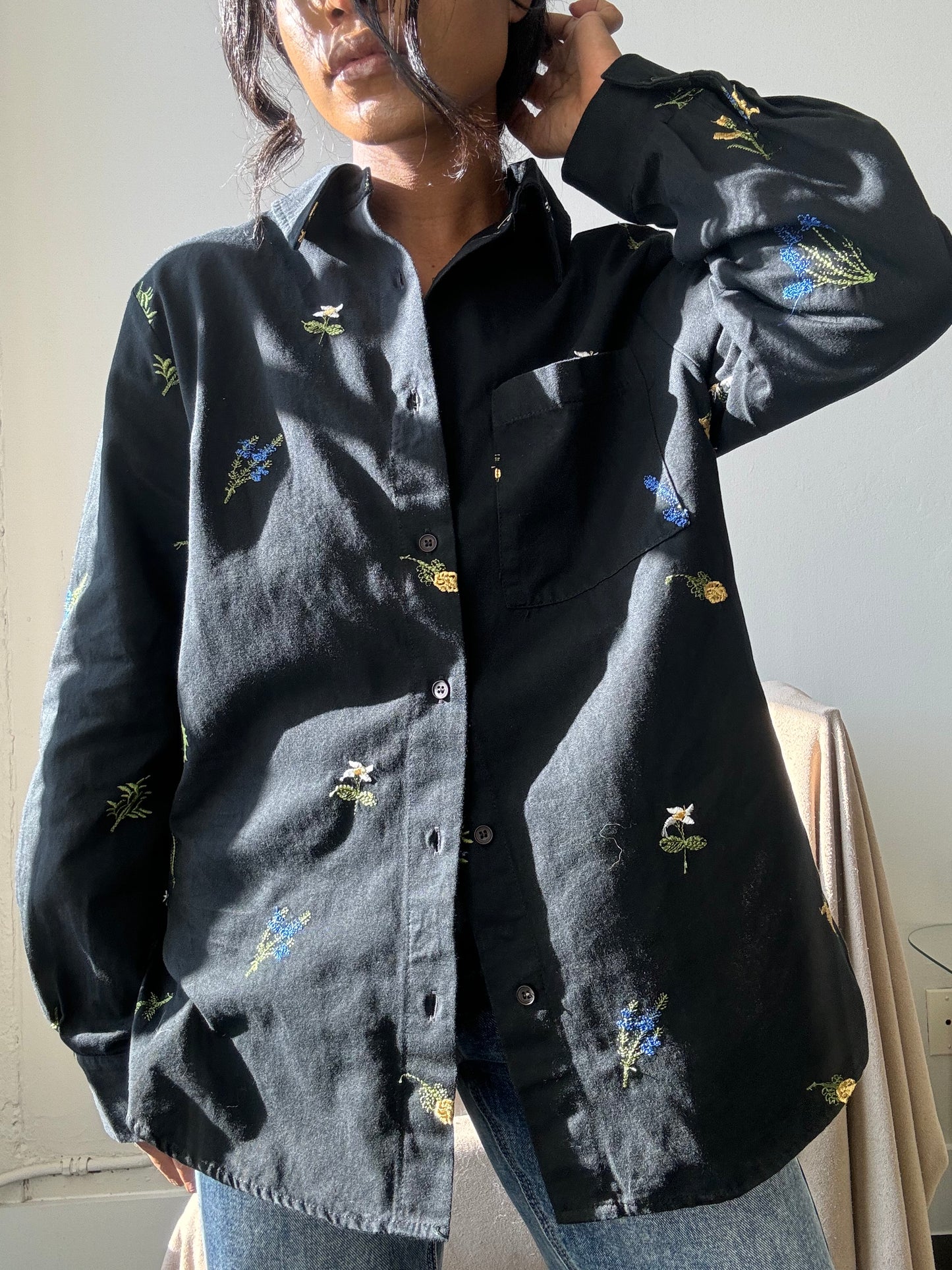 Marlene Cotton Embroidered Floral Button Down In Black