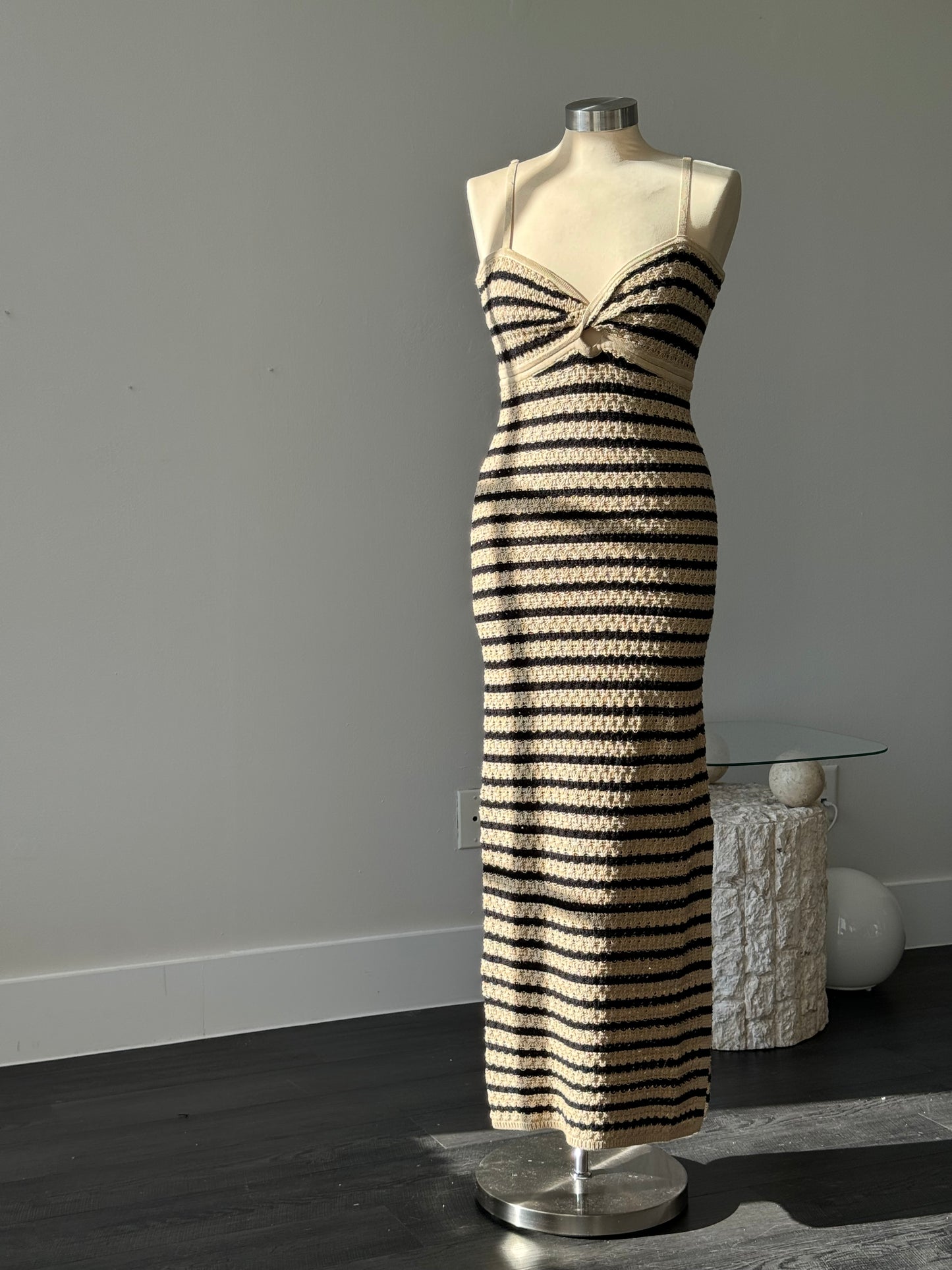 Hanna Cotton Crochet Striped Maxi Dress In Black & Taupe