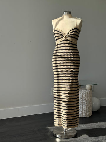 Hanna Cotton Crochet Striped Maxi Dress In Black & Taupe