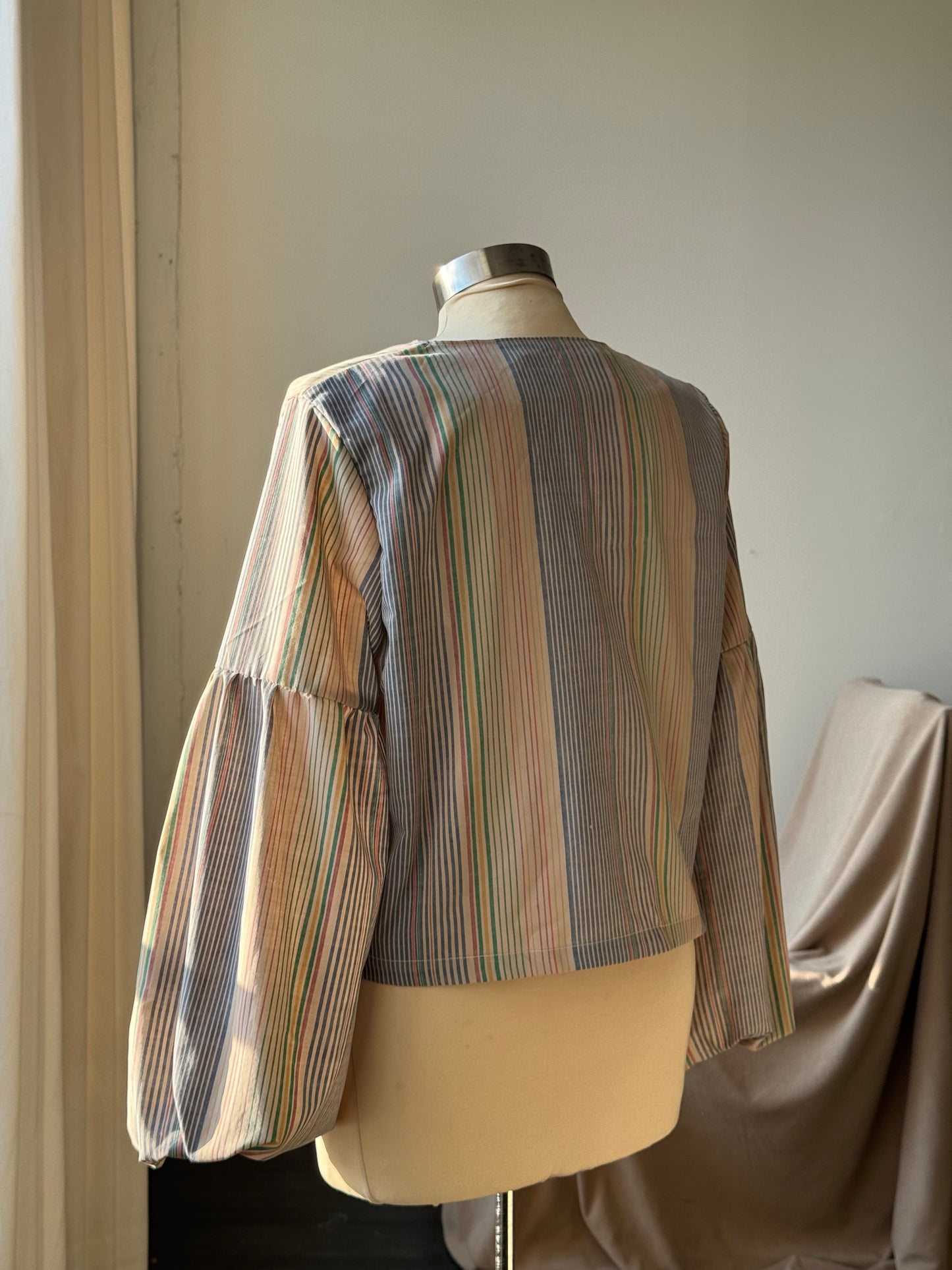 Brenda Faye Handcrafted Vintage Striped Lantern Sleeve Tie Front Top