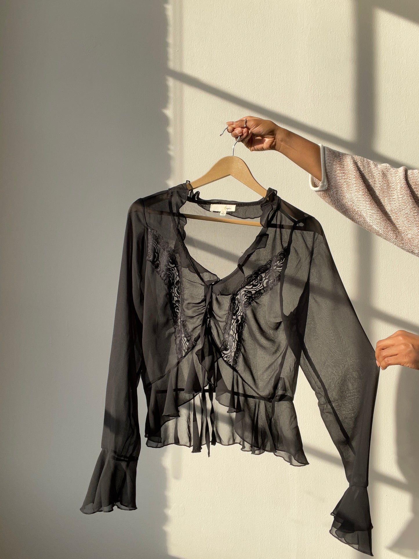 Melody Sheer Lace Tie Front Ruffled Top In Black
