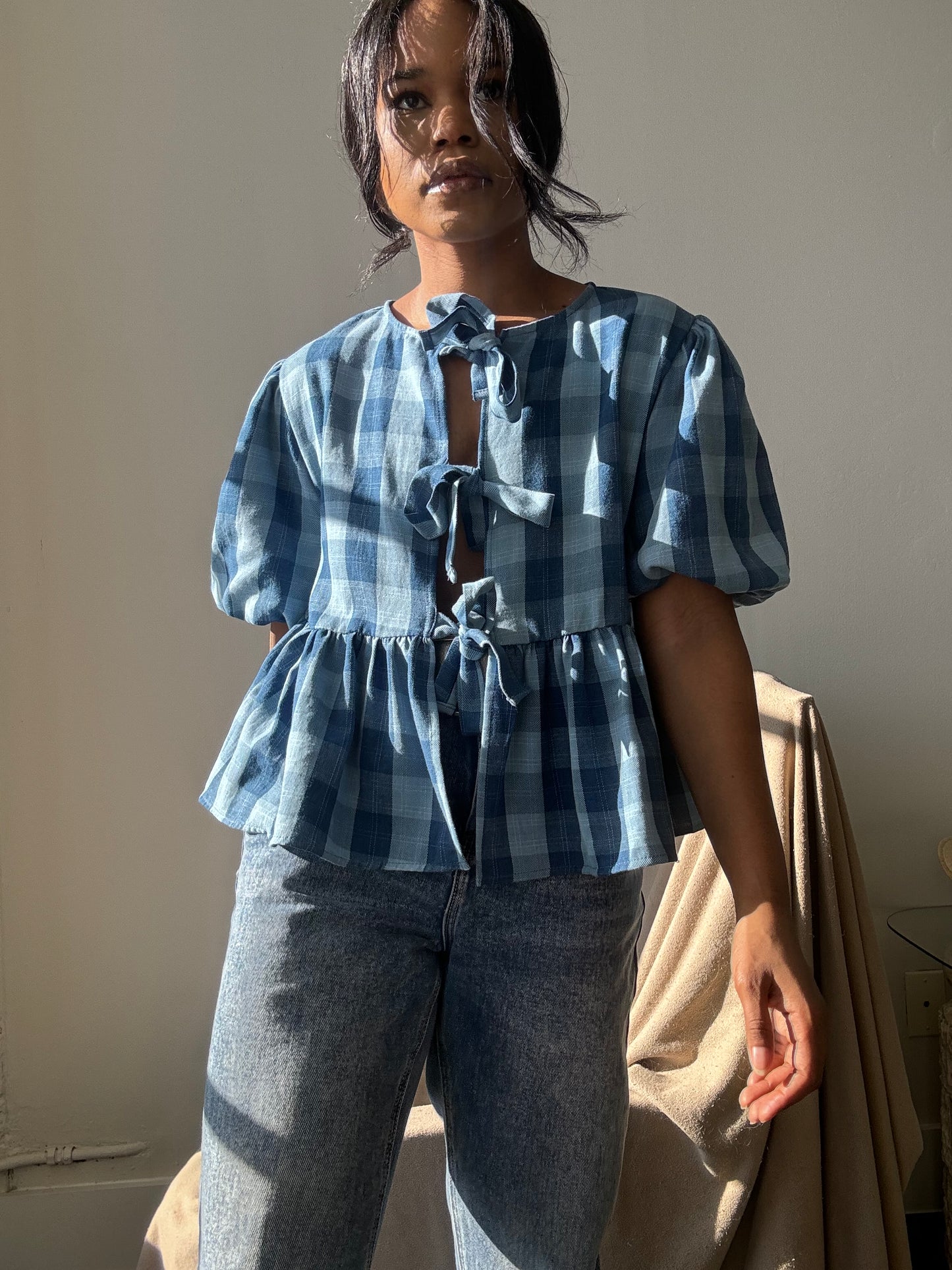 Gable Cotton Plaid Tie Top In Vintage Denim Blue