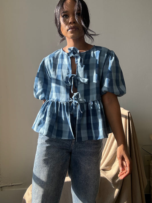 Gable Cotton Plaid Tie Top In Vintage Denim Blue