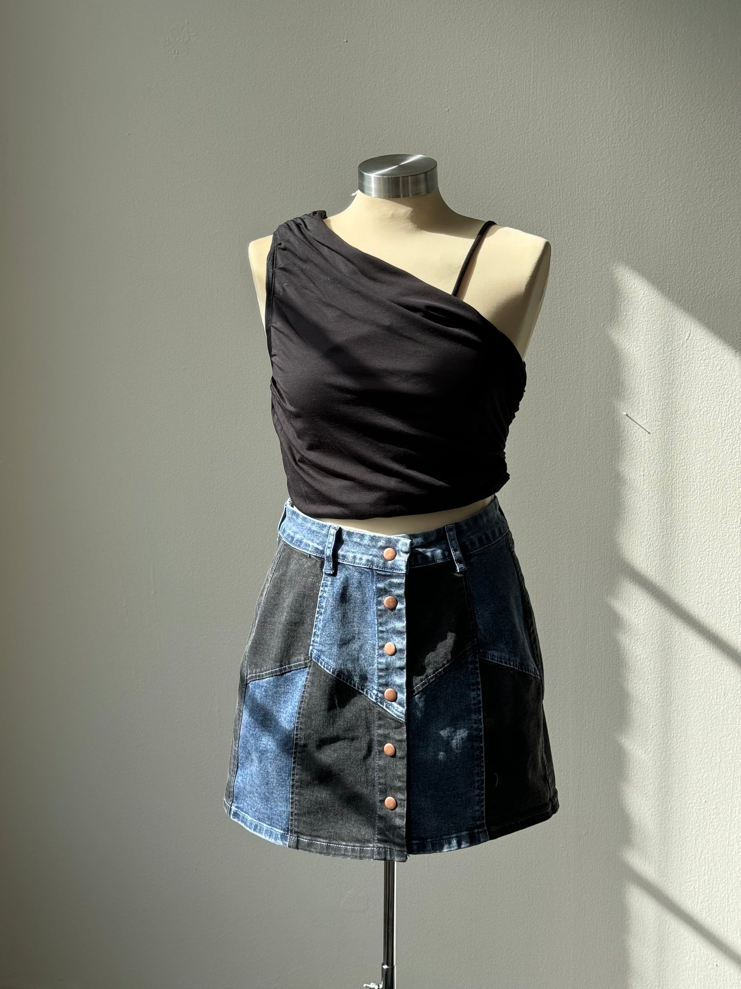 August Patchwork Denim Skirt In Indigo