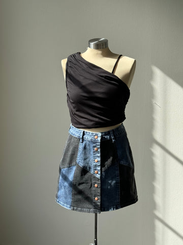 August Patchwork Denim Skirt In Indigo