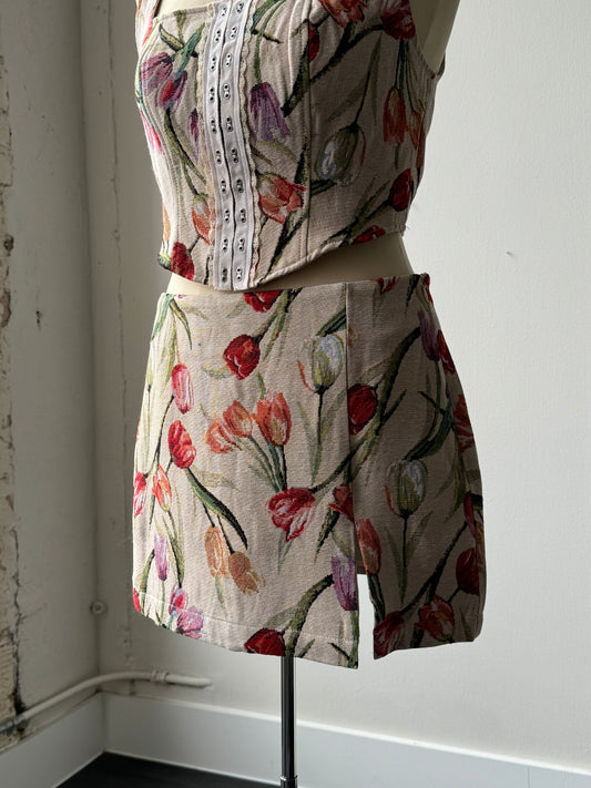 Sabrina Embroidered Tulip Floral Slit Mini Skirt In Taupe