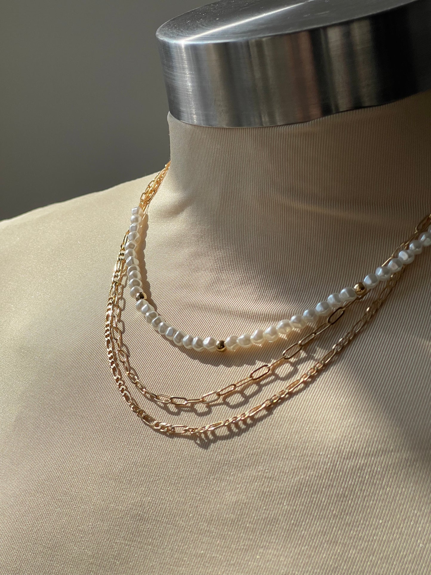 Margaret Organic Pearl Bead Charm Layered Necklace In Gold
