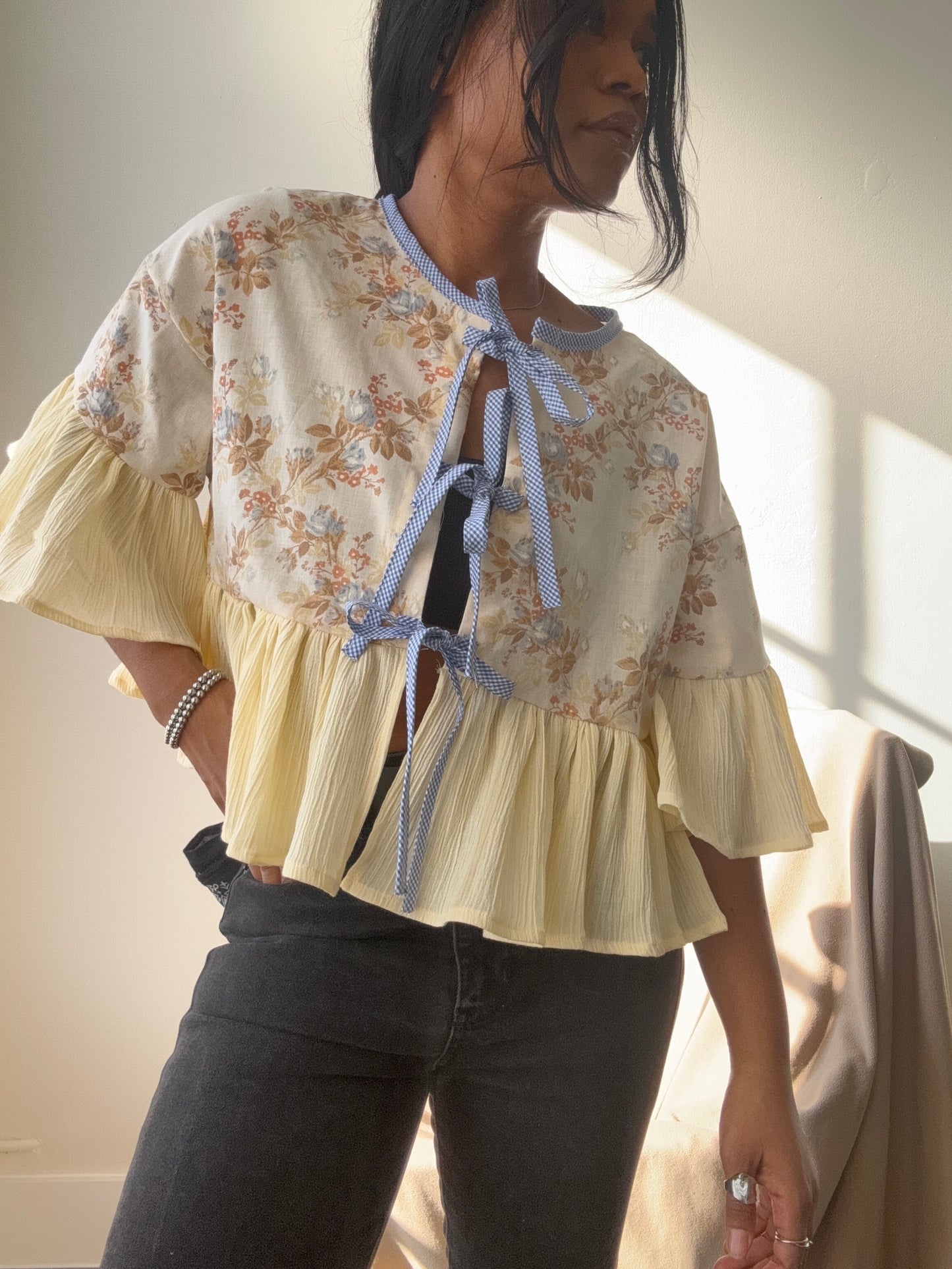 Joycie Vintage Cotton Handcrafted Ruffle Top In Floral Melon