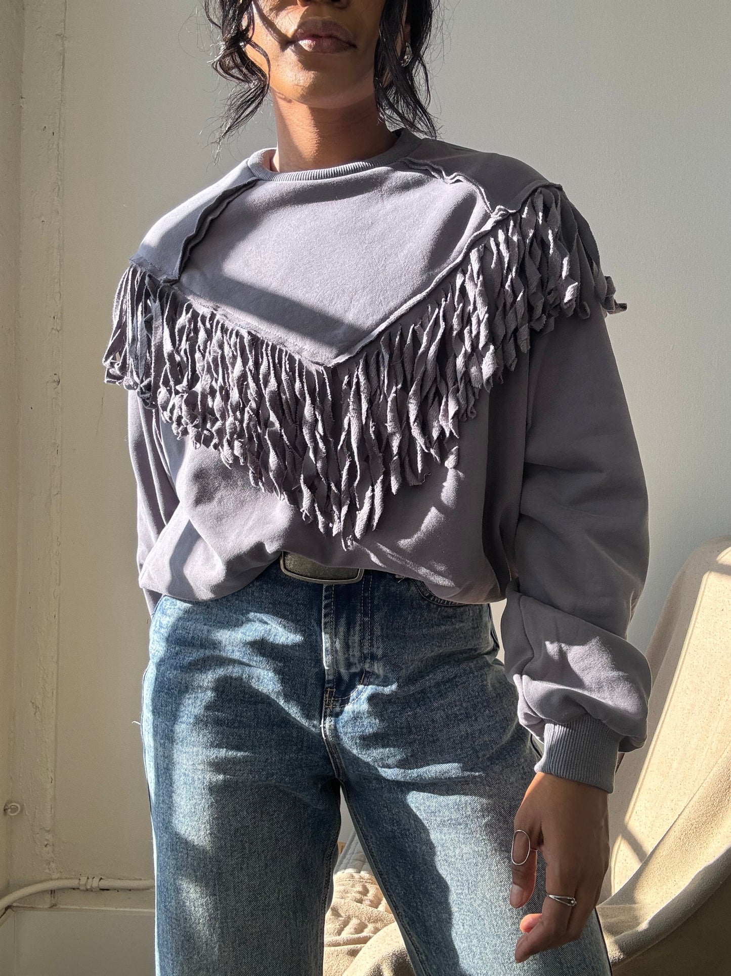 Kalon Cotton Crewneck Western Style Fringe Pullover In Charcoal