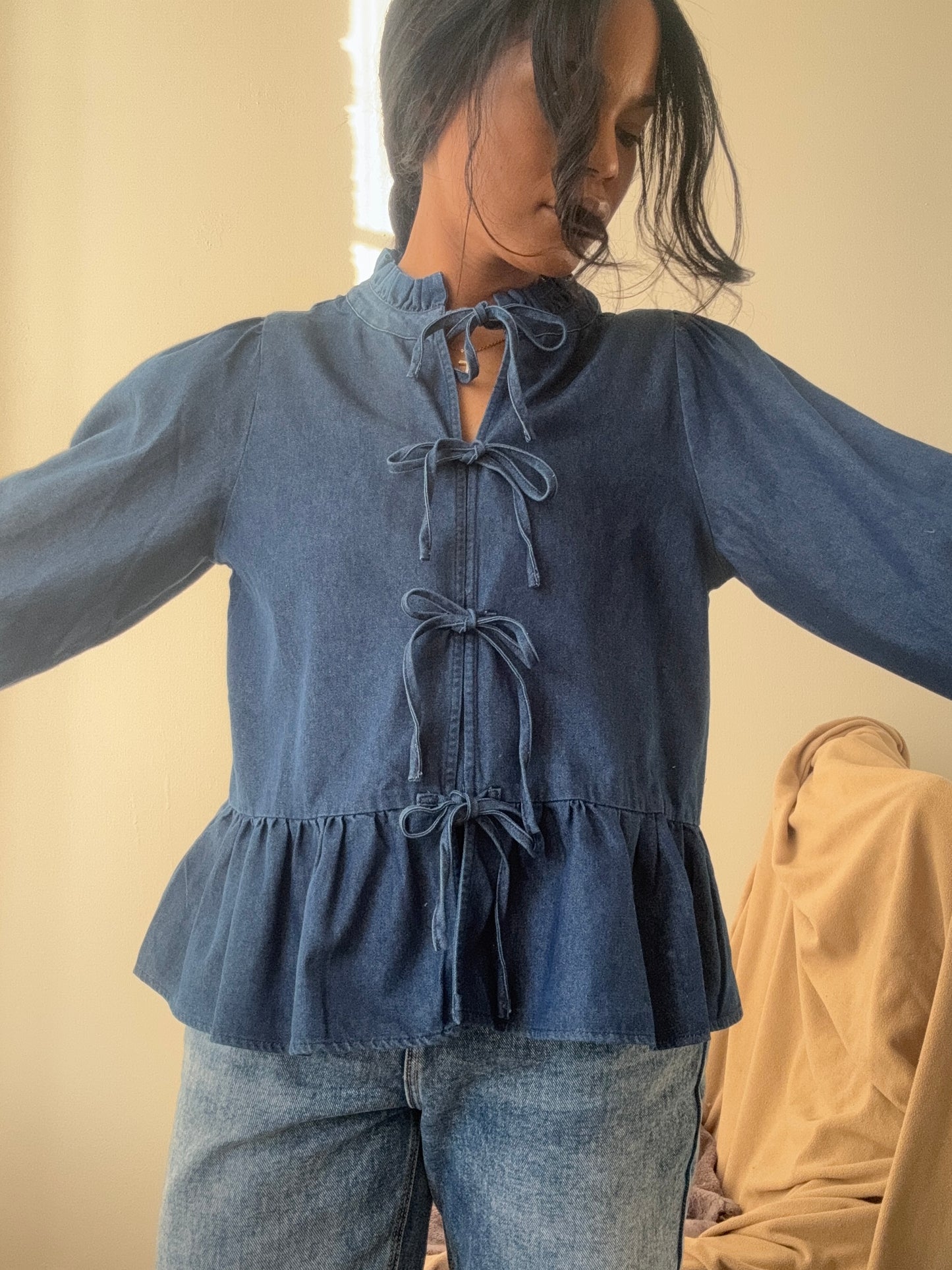 Jezebel Denim Open Front Tie Top In Indigo