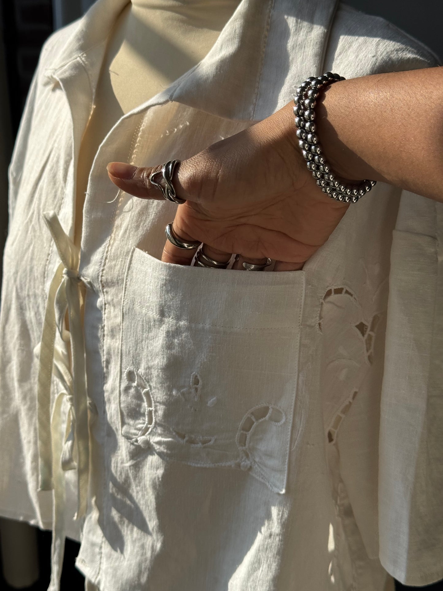 Judy Handcrafted Vintage Tie Front Top In Linen