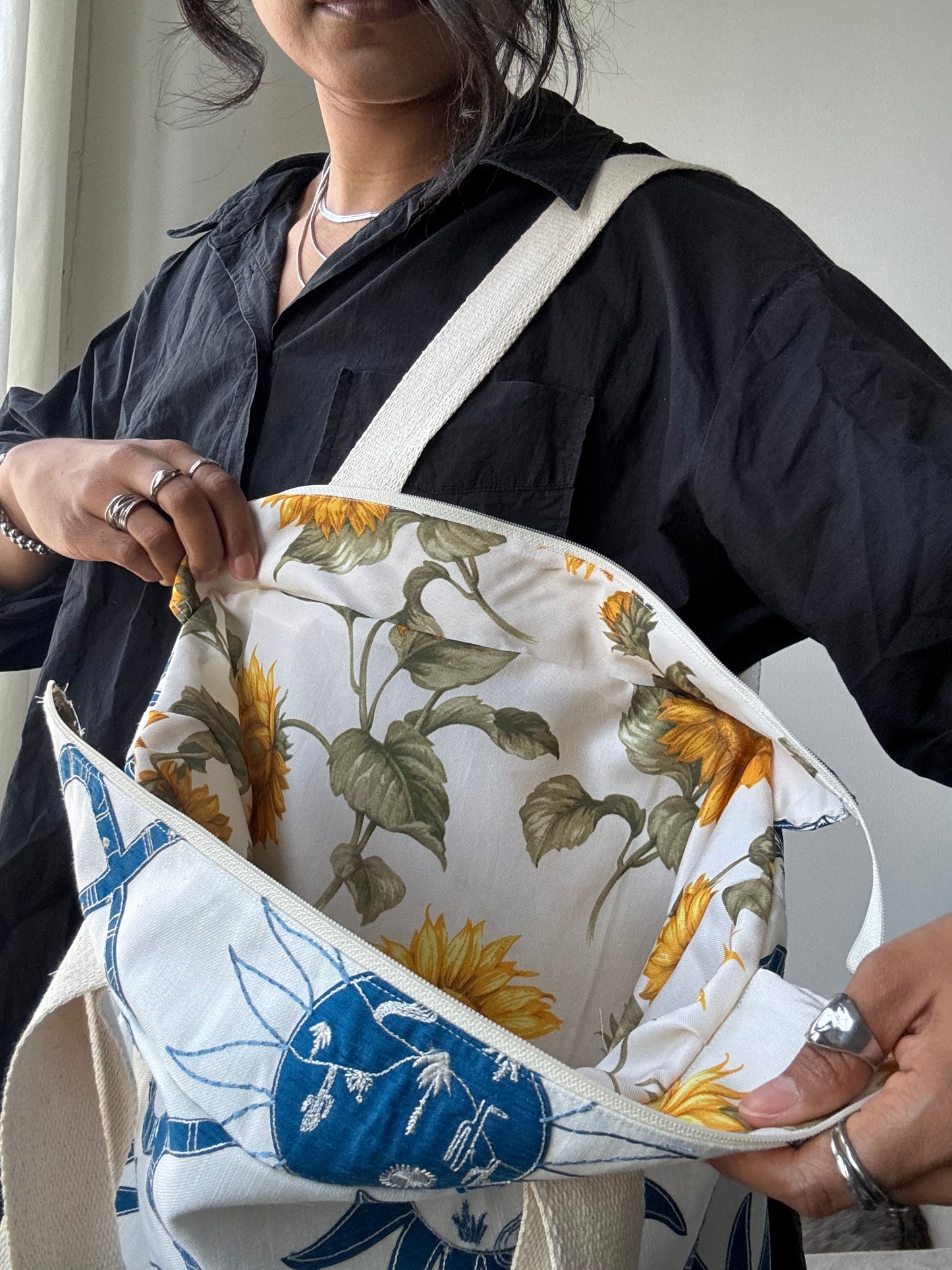 Magnus Handcrafted Cotton Tote Hat Holder Bag In Embroidered Canvas