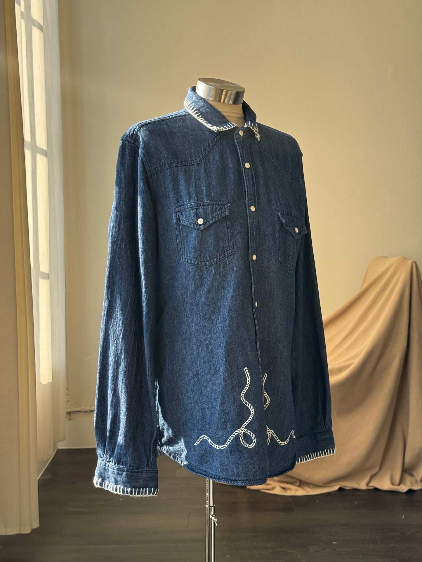 Michael Handcrafted Cowboy Stitch Embroidered Button Down In Denim