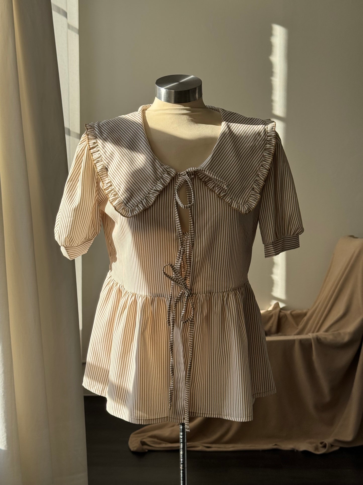 Terry Cotton Striped Tie Front Ruffle Collar Top In Brown