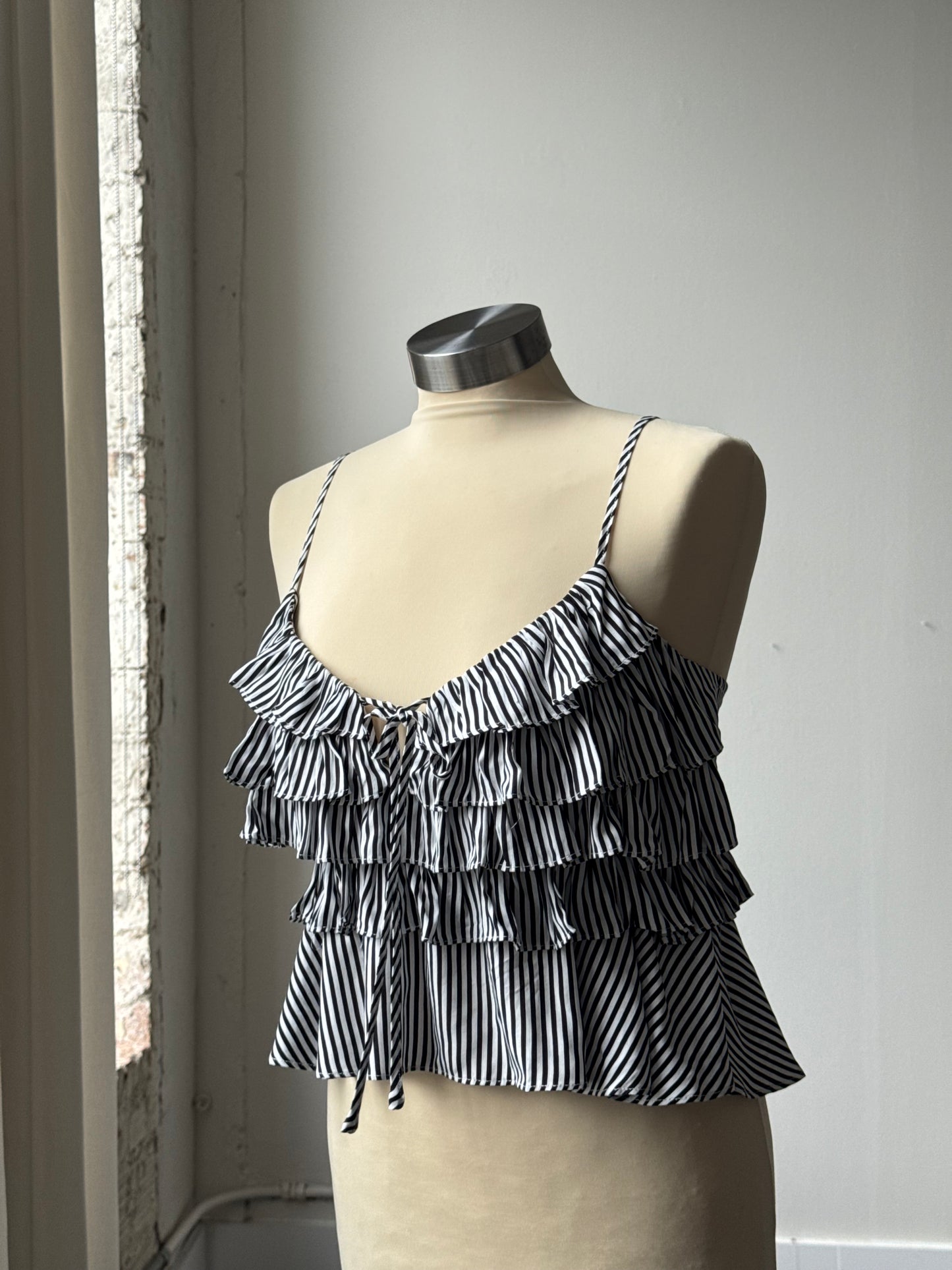 Megan Striped Ruffle Spaghetti Strap Top In Black
