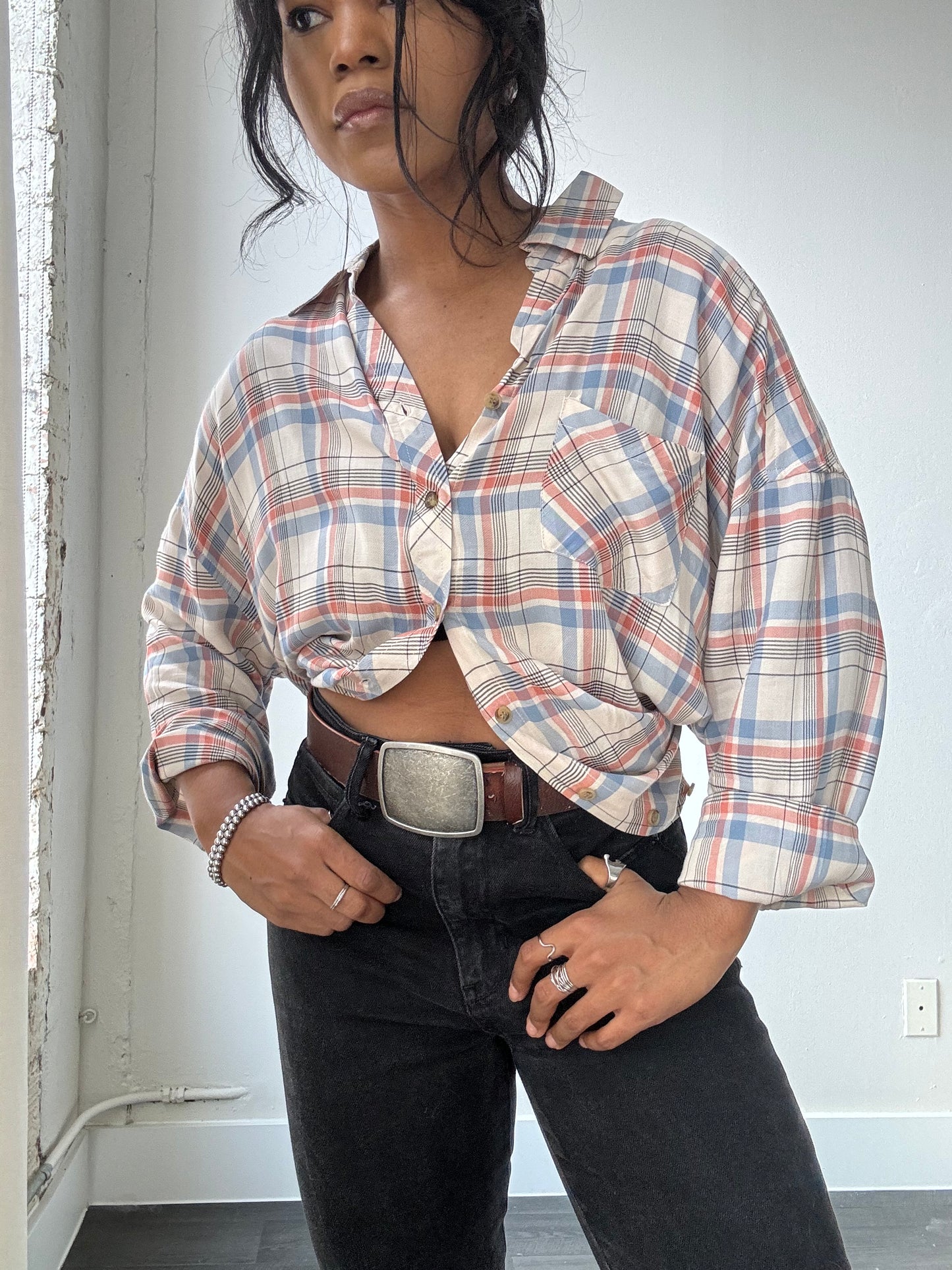 Thomas Classic 70s Style Plaid Oversized Button Down In Blue Red