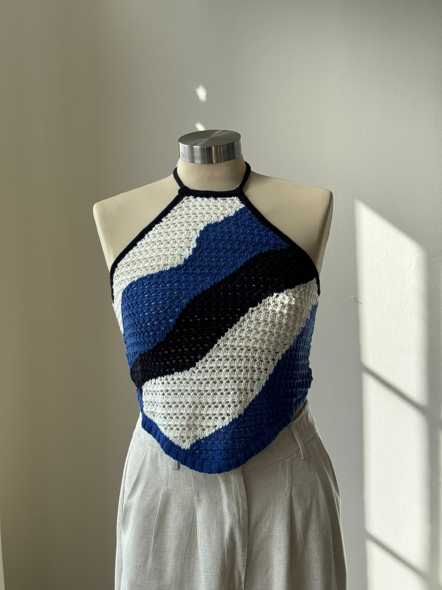 Billie Cotton Crochet Wave Halter Open Back Top In Cobalt Blue