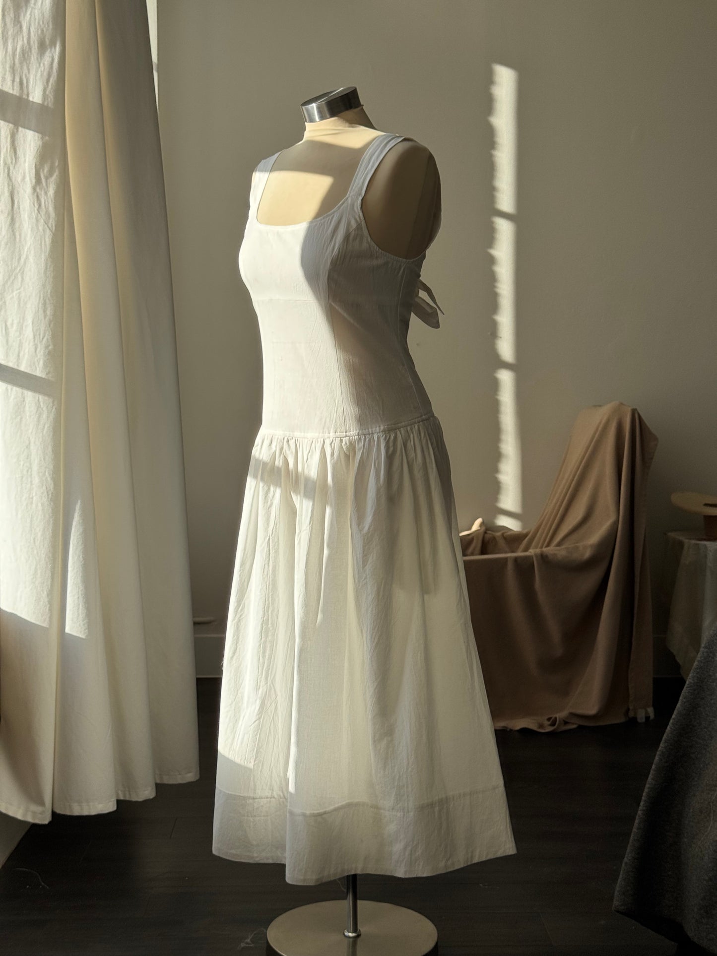 Costella Cotton Lace Up Back Midi Dress in Ivory