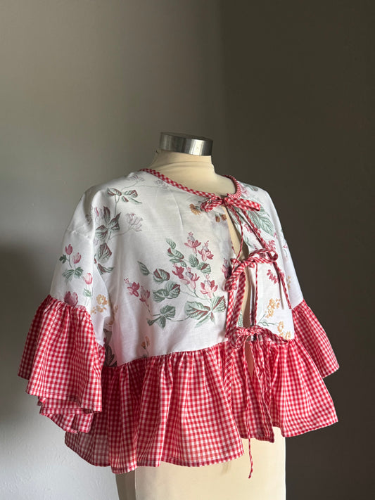 Joycie Vintage Handcrafted Gingham Floral Ruffle Top