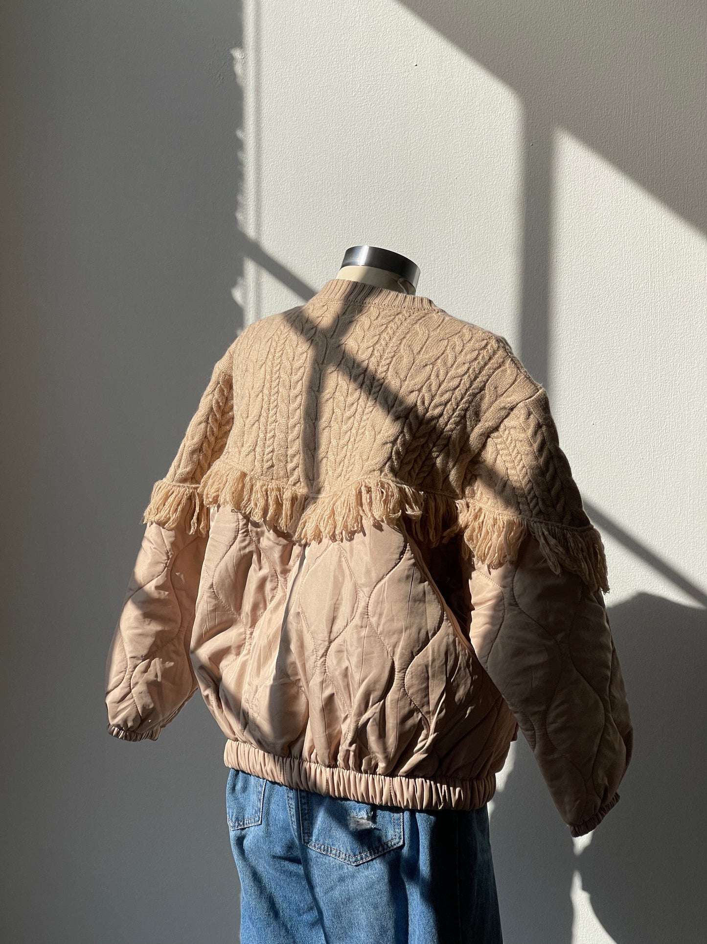 Carson Quilted Cableknit & Fringe Jacket In Sand