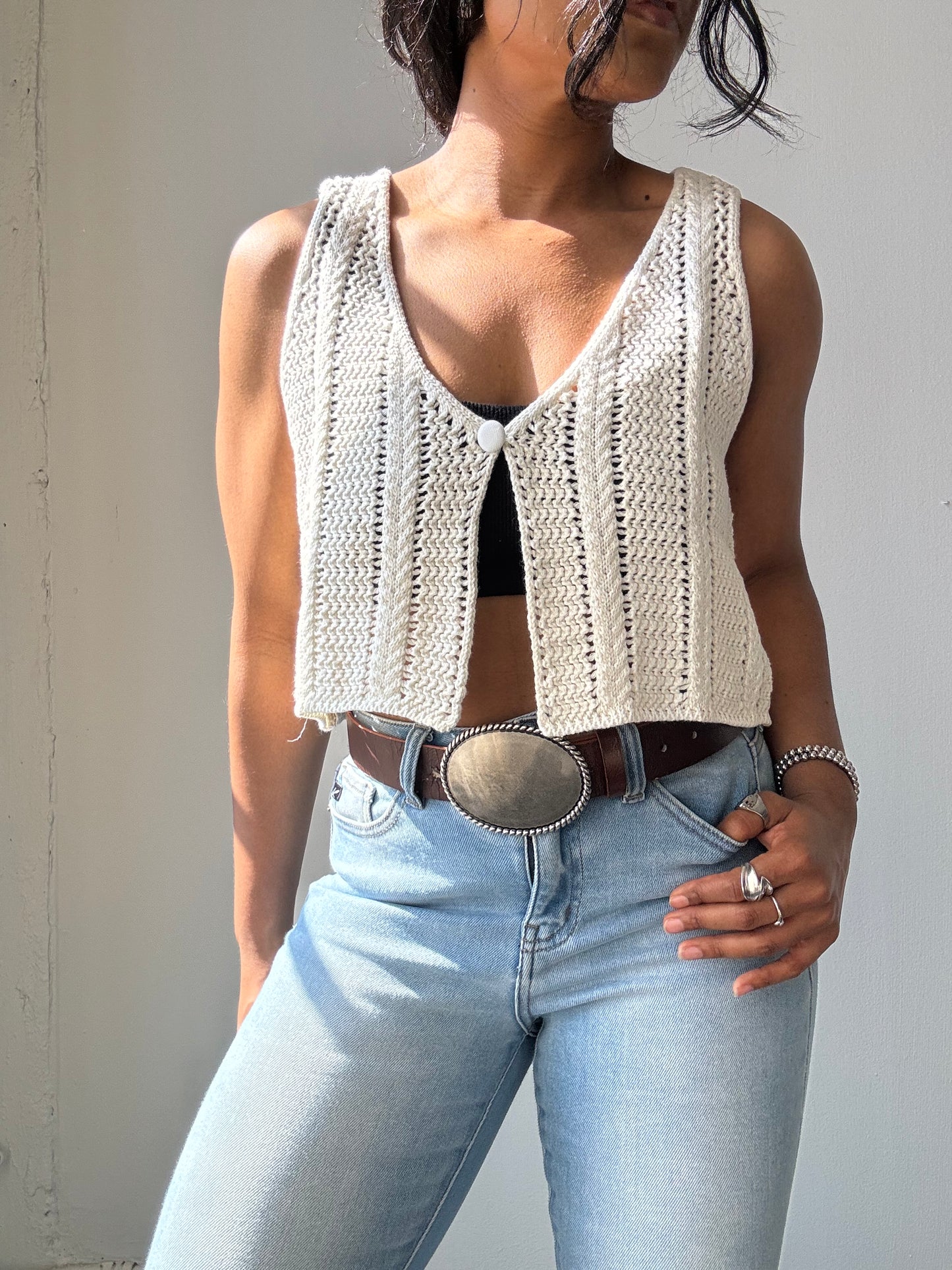 Sheryl Cotton Crochet Single Front Closure Crop Top In Ivory