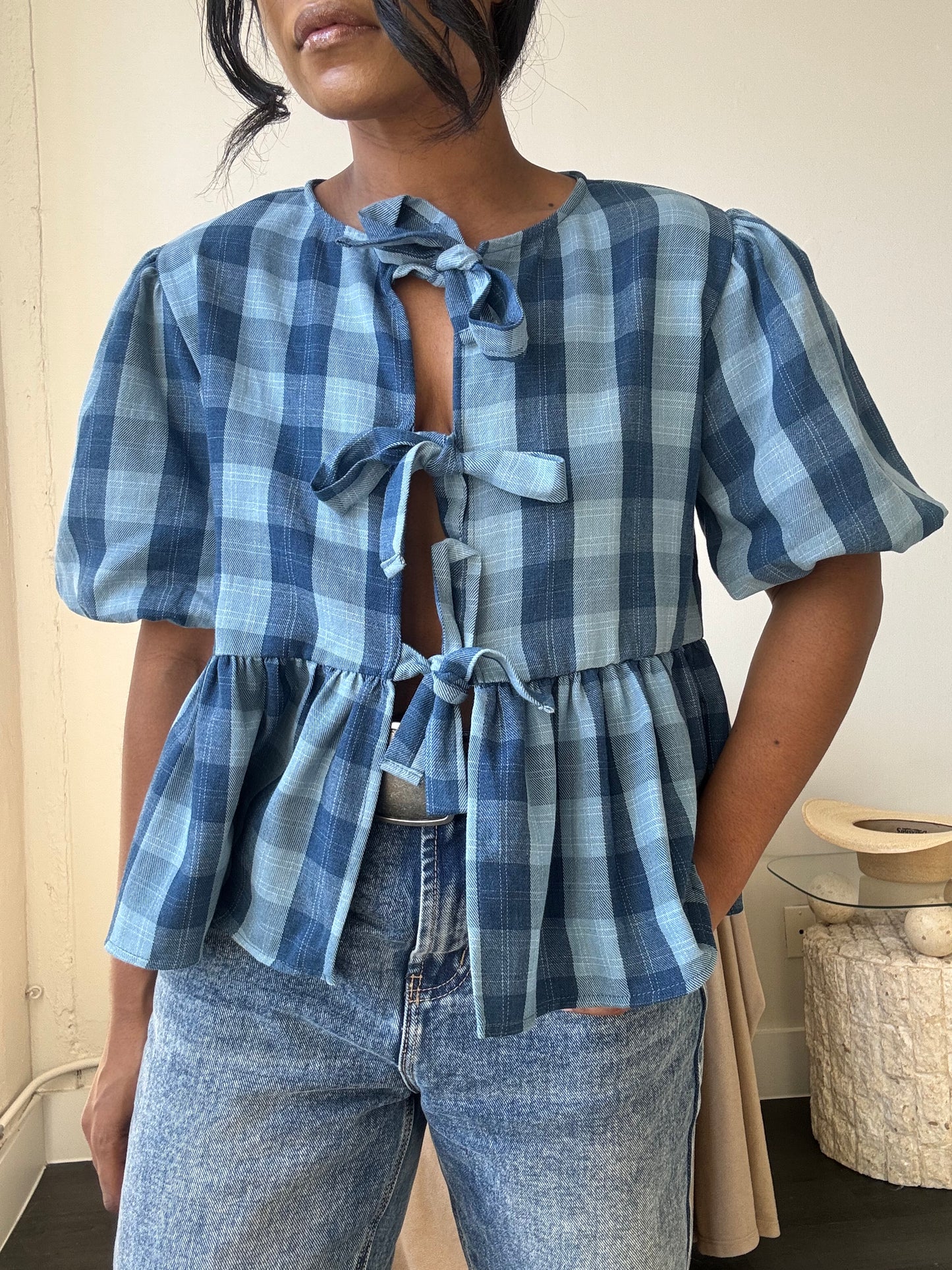 Gable Cotton Plaid Tie Top In Vintage Denim Blue