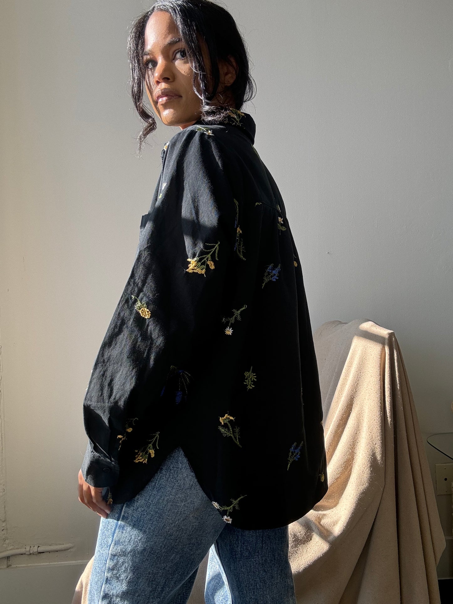 Marlene Cotton Embroidered Floral Button Down In Black