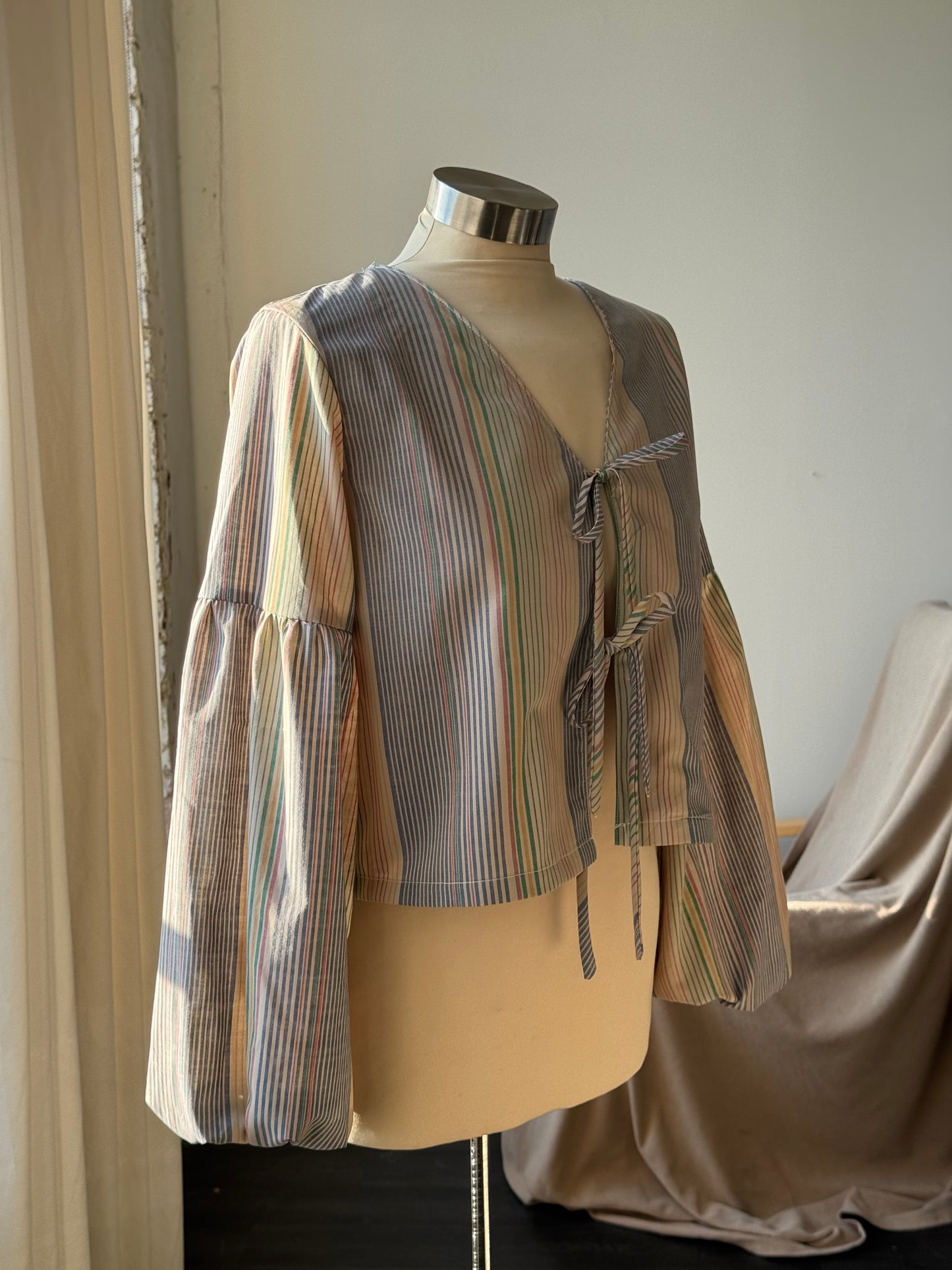 Brenda Faye Handcrafted Vintage Striped Lantern Sleeve Tie Front Top