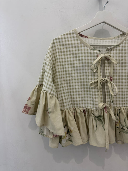 Joycie Vintage Handcrafted Gingham Floral Ruffle Top