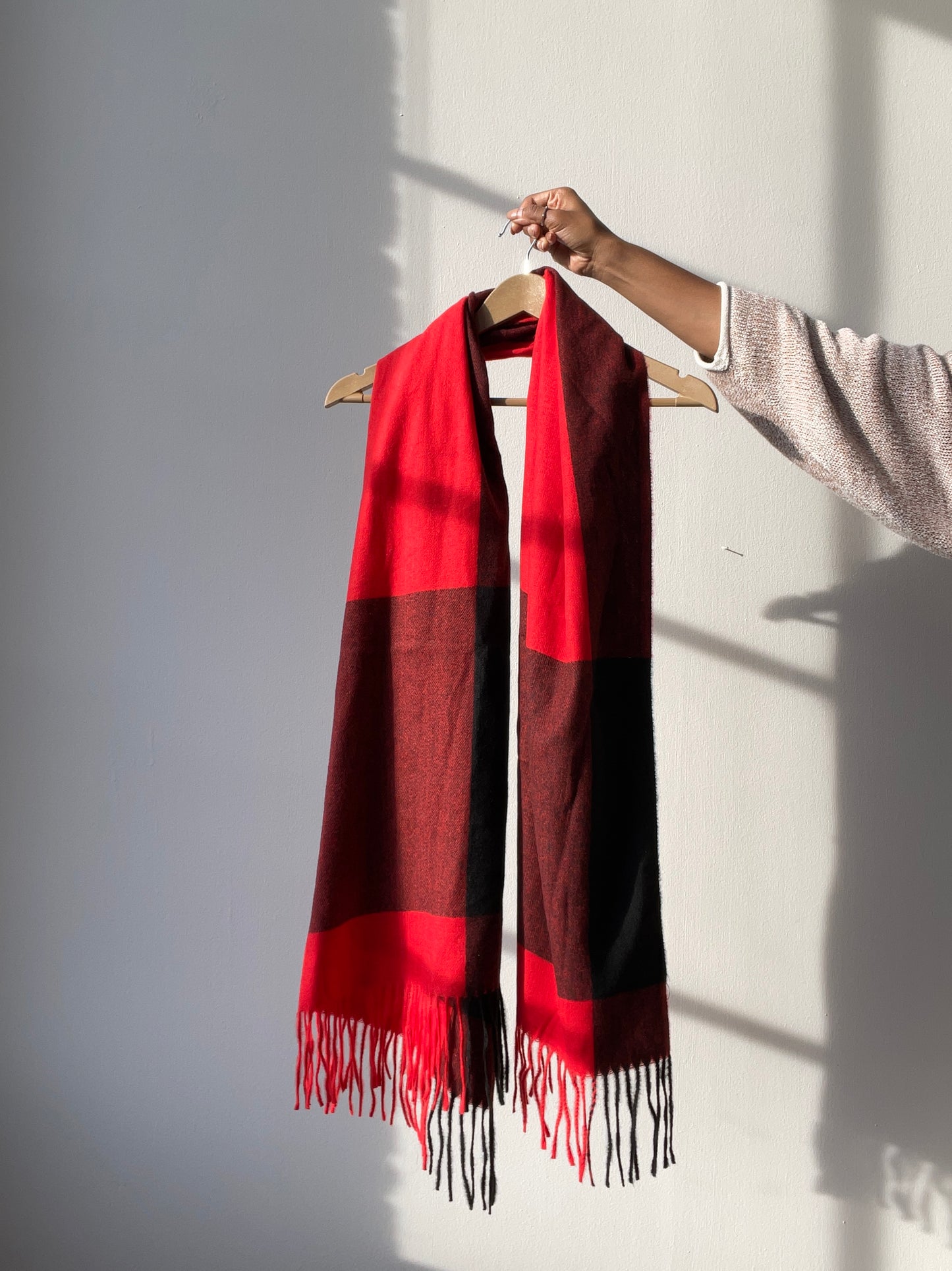 K.A. Jumbo Check Fringe Scarf In Fire Red