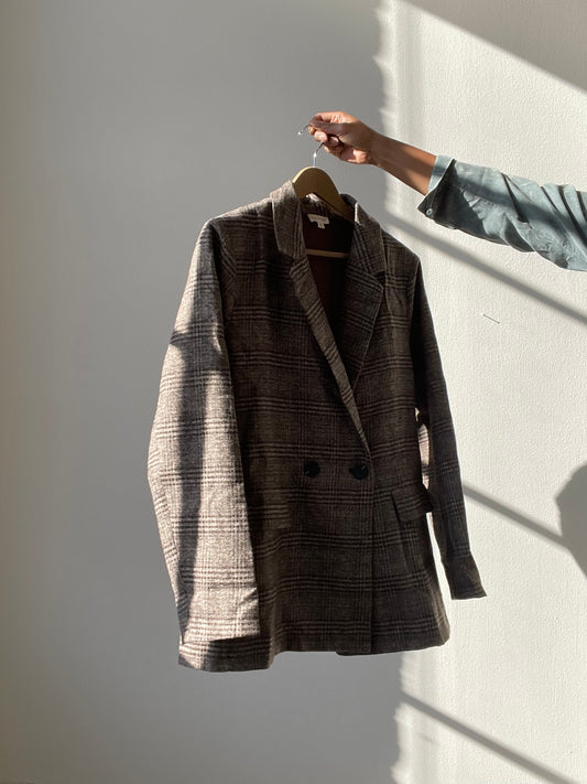 Colby Cotton Plaid Oversized Blazer In Brown