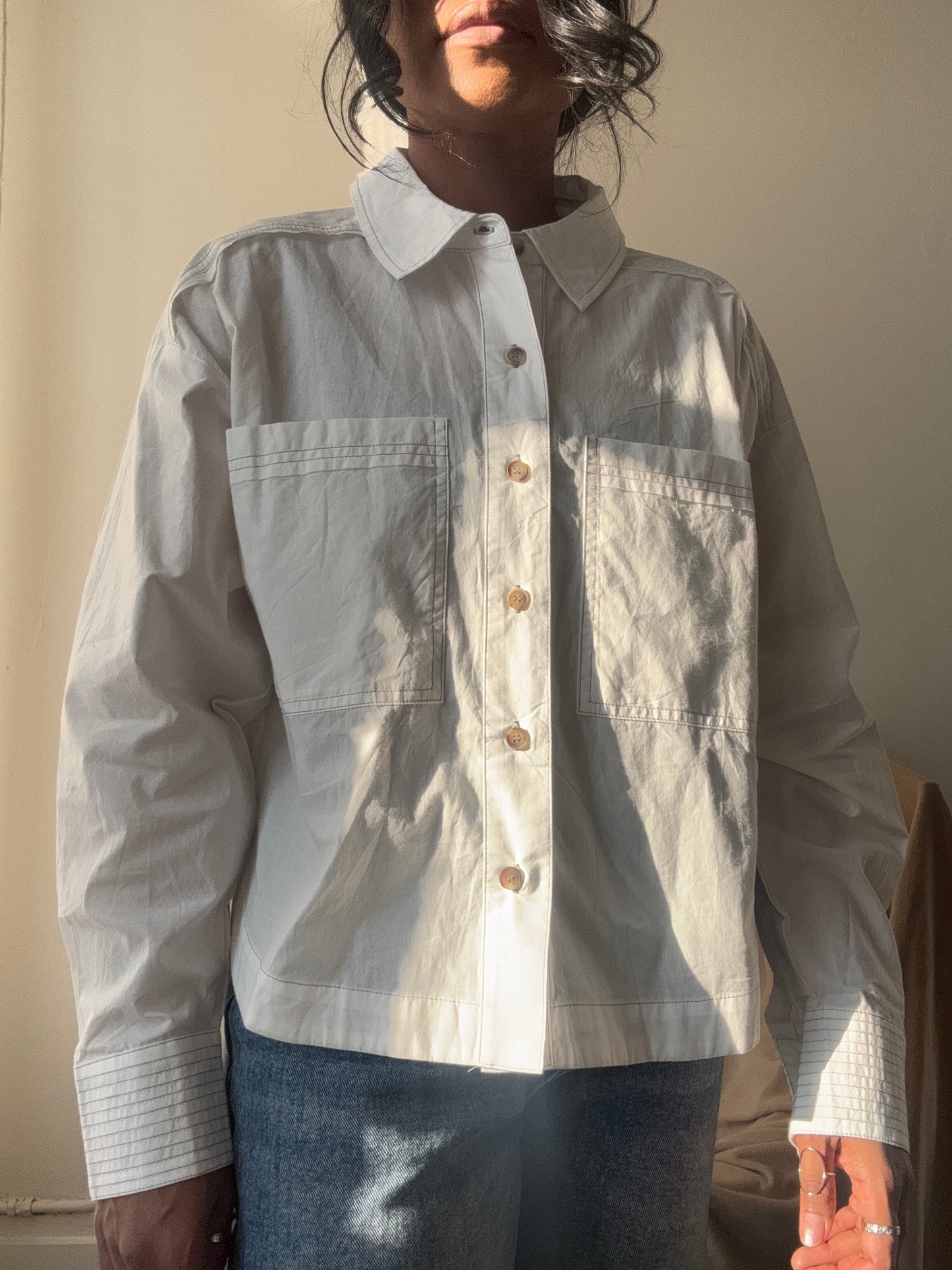 Joey Cotton Classic Long Sleeve Crop Button Down Shirt In White