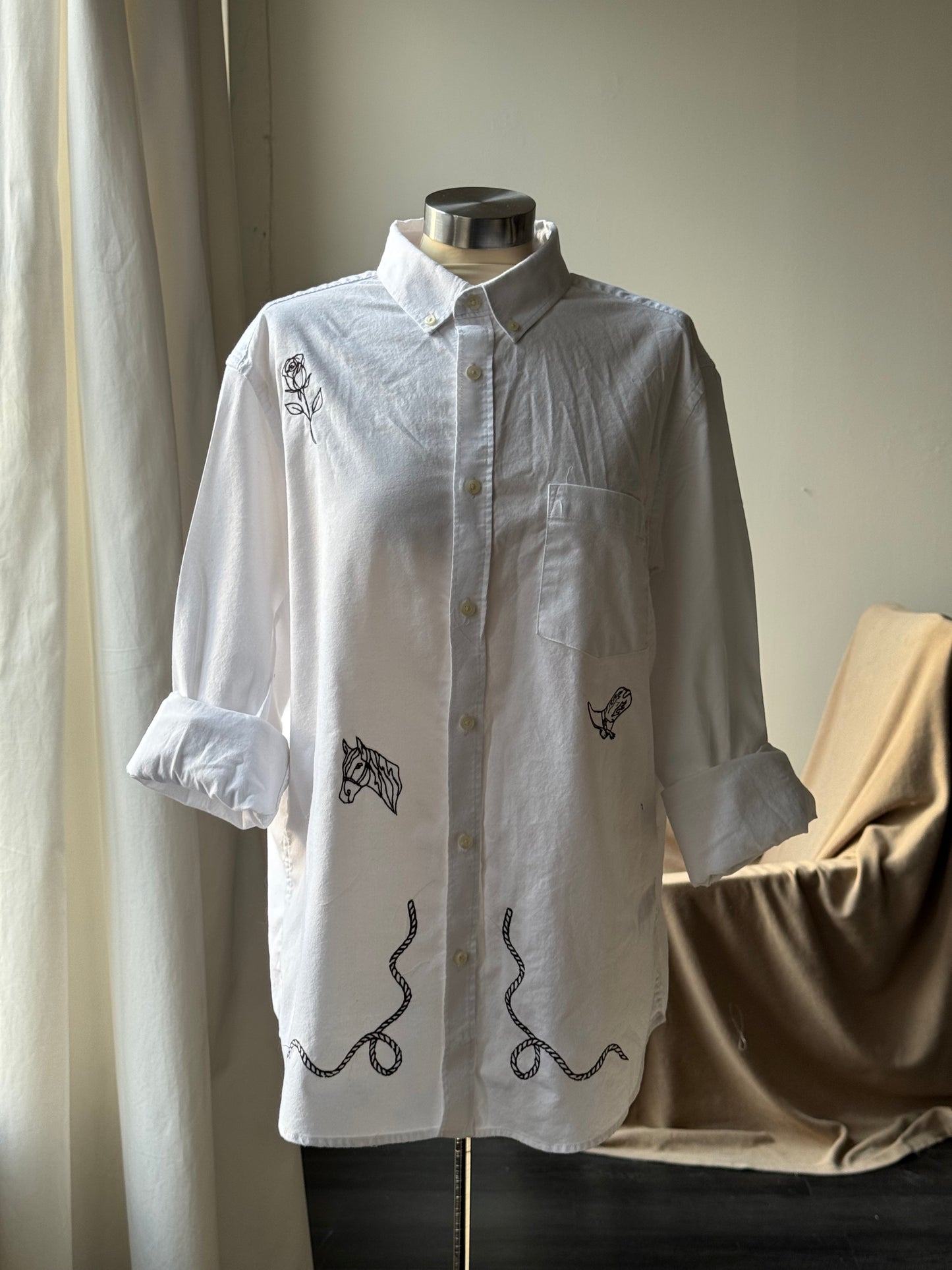 The Jaxson Handcrafted Chocolate Brown Embroidered Button Down In White