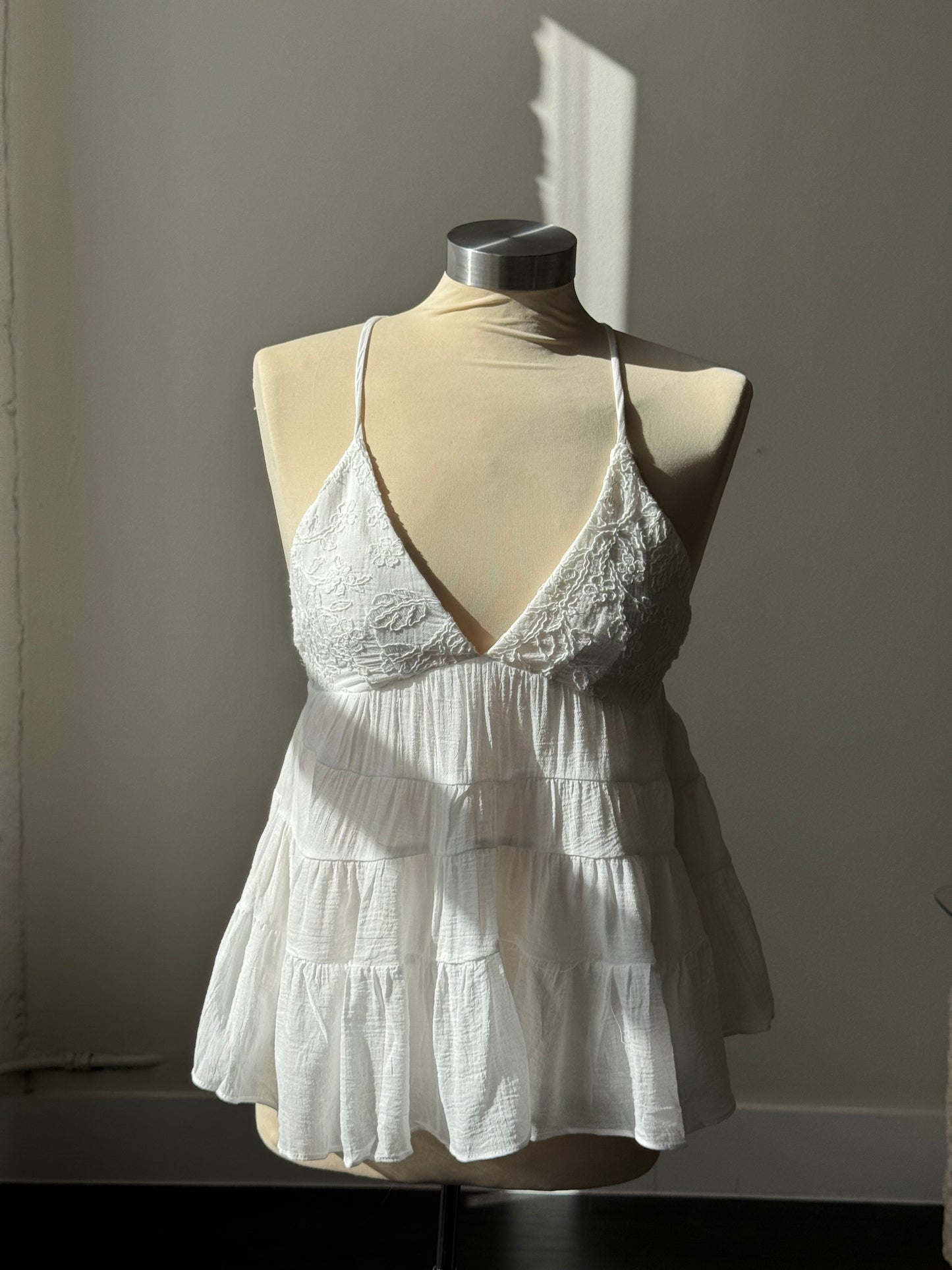 Crimson Cotton & Linen Embroidered Tiered Open Back Cami Top In White