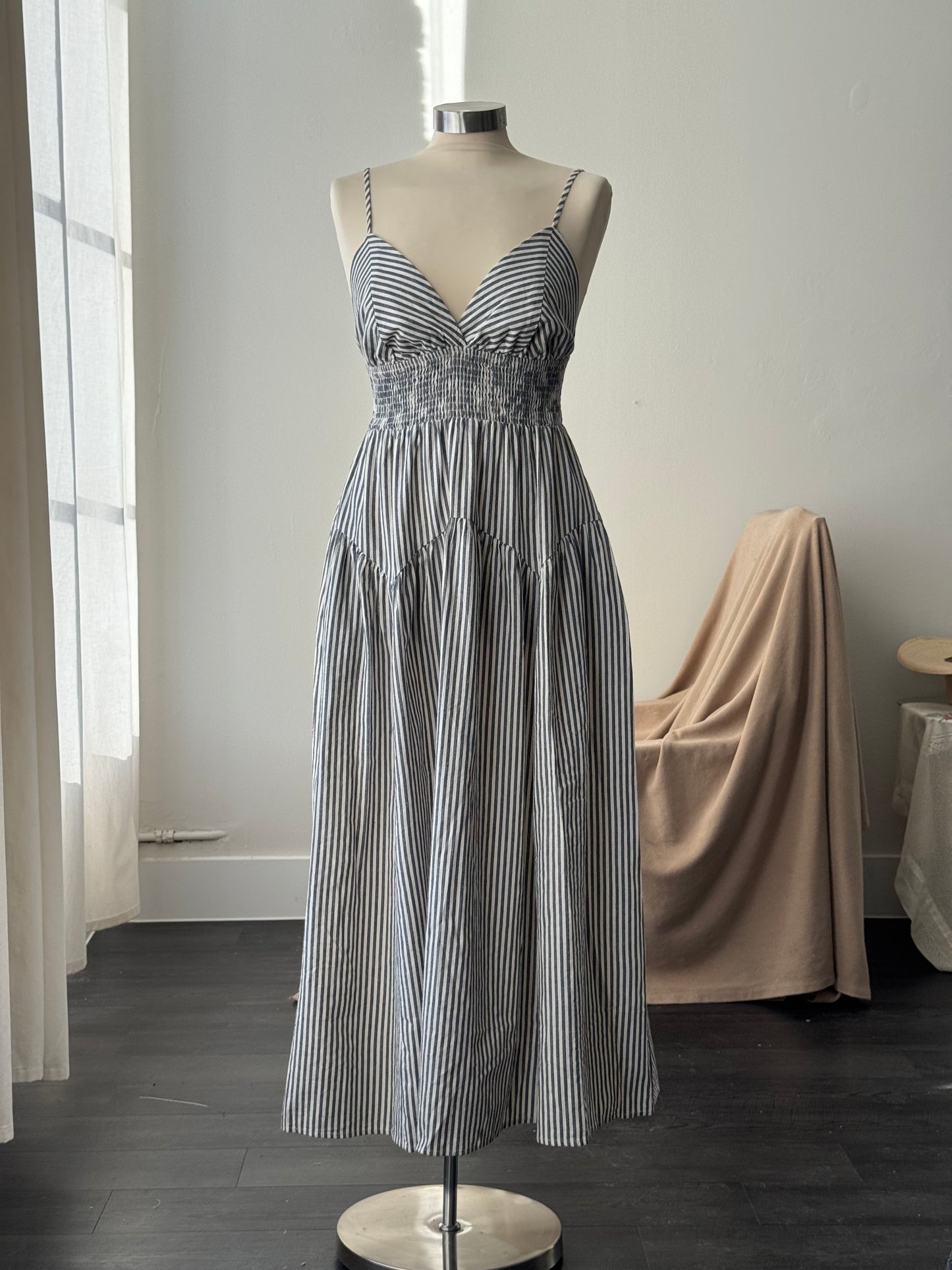 Cherie Cotton Striped Midi Dress In Midnight Navy