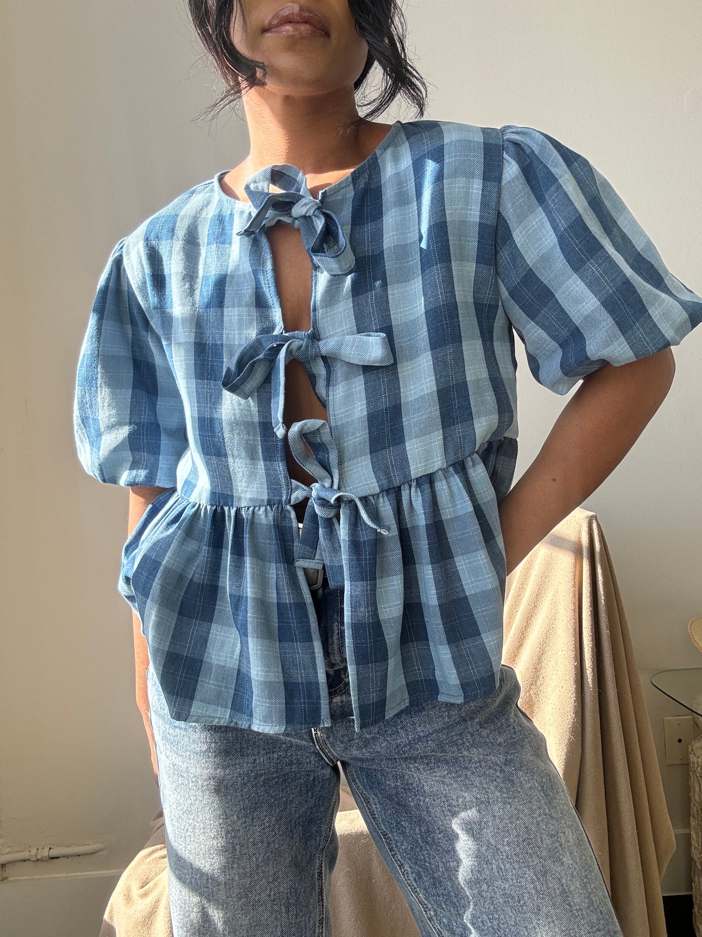 Gable Cotton Plaid Tie Top In Vintage Denim Blue